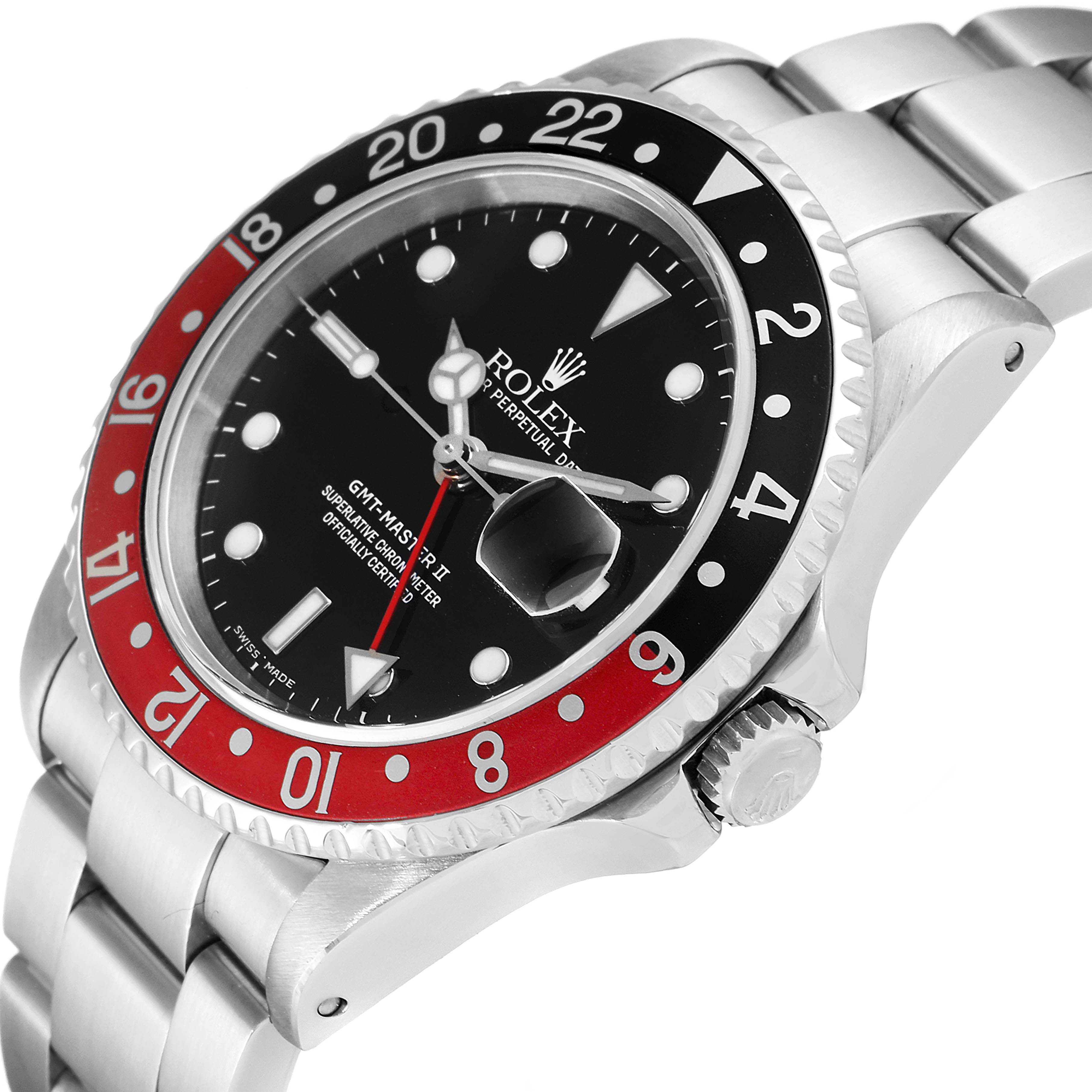 The image shows a side angle of a Rolex GMT-Master 16710 Men's Stainless Steel Black Dial 16710 Men's Stainless Steel Black Dial watch, highlighting its bezel, dial, and bracelet.