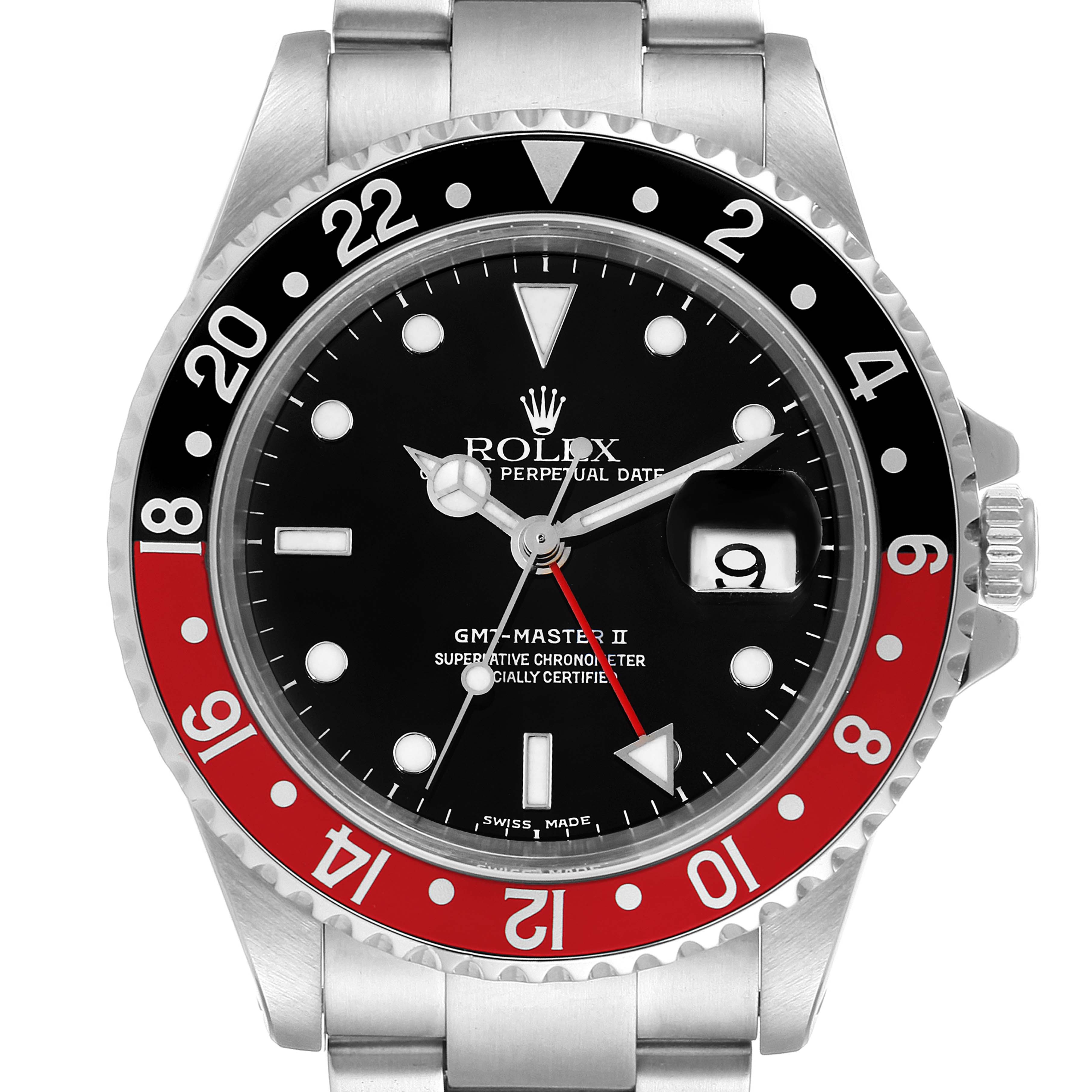 The image shows a frontal view of a Rolex GMT-Master 16710 Men's Stainless Steel Black Dial 16710 Men's Stainless Steel Black Dial II watch, displaying the bezel, dial, and part of the bracelet.