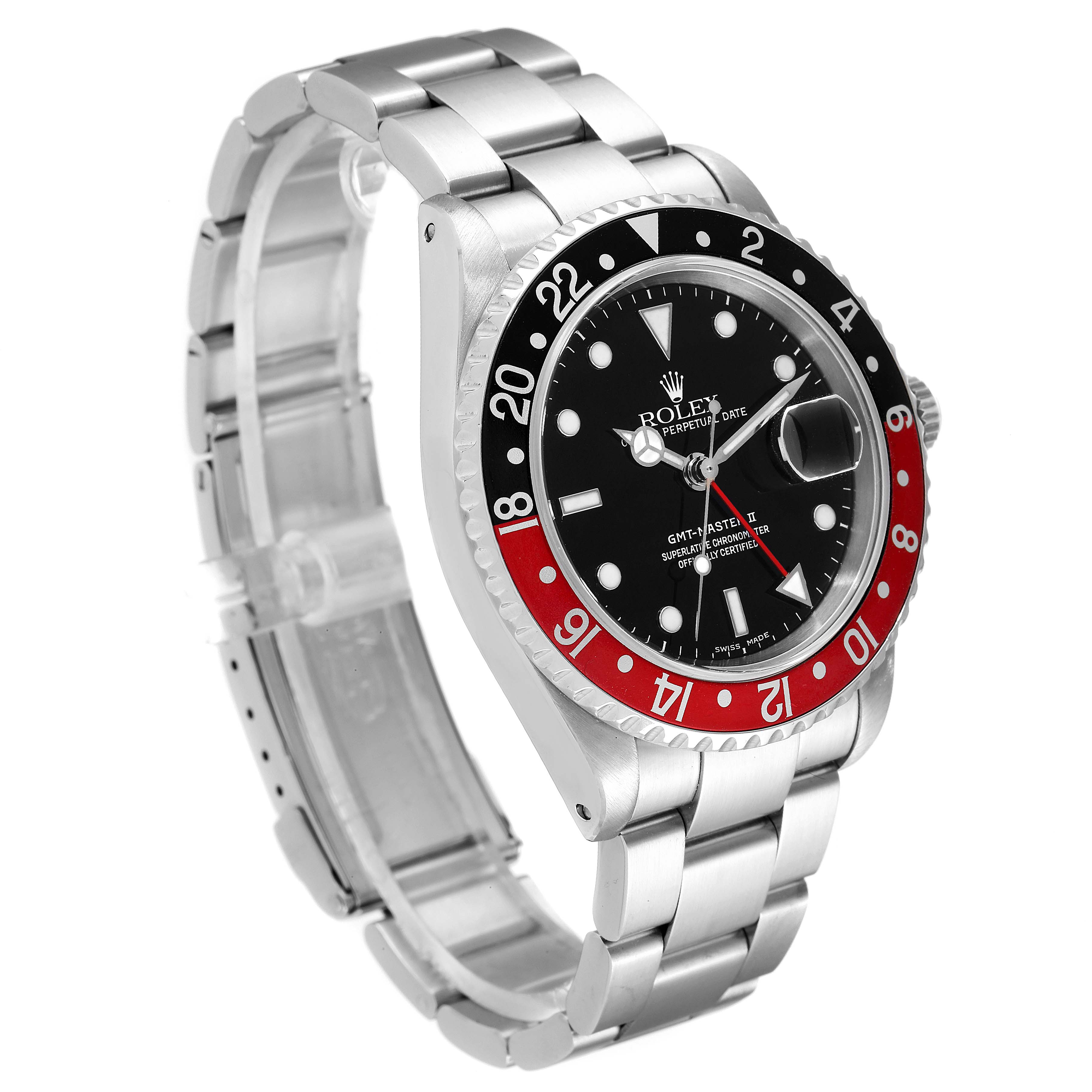 The Rolex GMT-Master 16710 Men's Stainless Steel Black Dial 16710 Men's Stainless Steel Black Dial watch is shown at an angle highlighting the face, bezel, and bracelet with a partial side view.