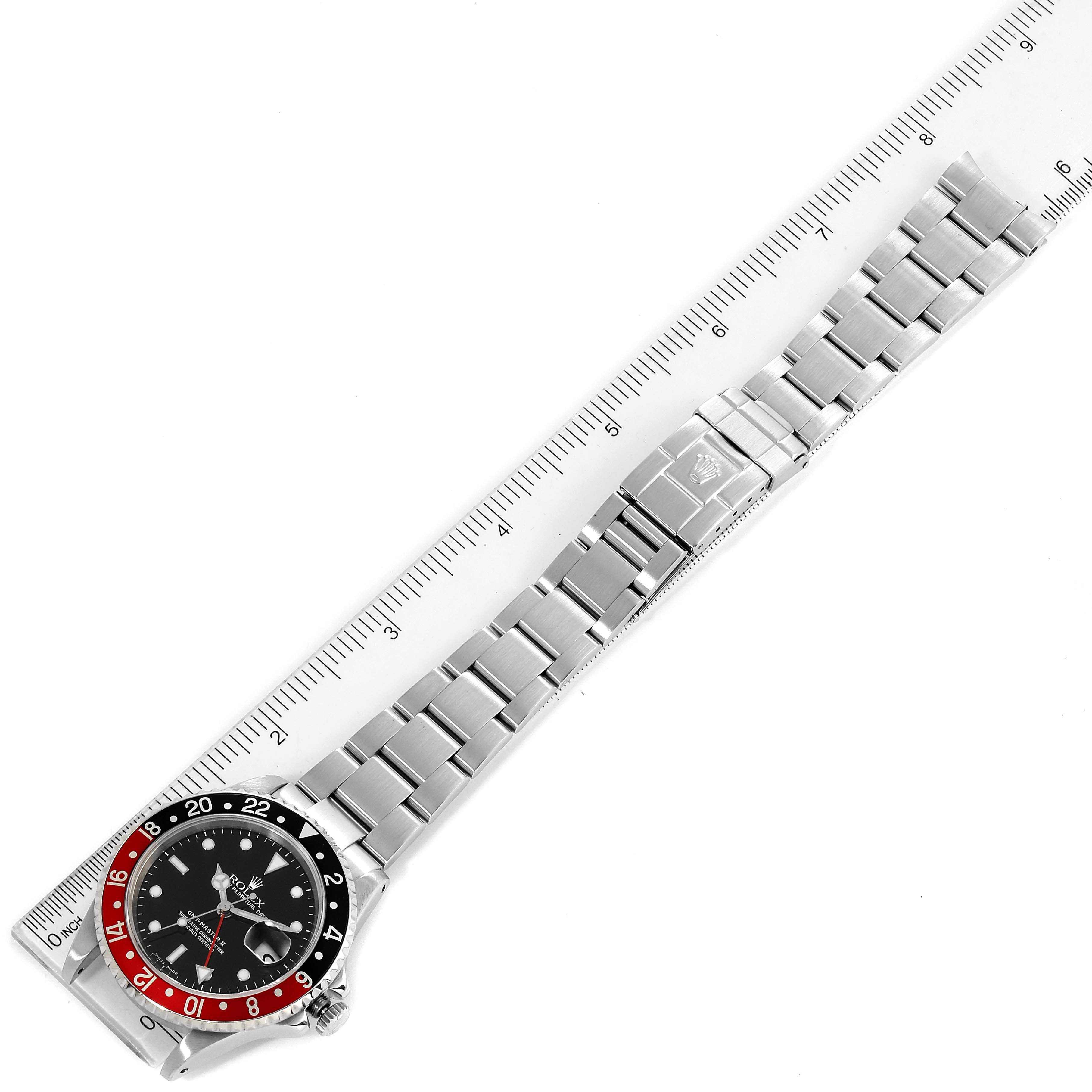 The image shows the full length and face of a Rolex GMT-Master 16710 Men's Stainless Steel Black Dial 16710 Men's Stainless Steel Black Dial watch, including the bezel, dial, and bracelet.
