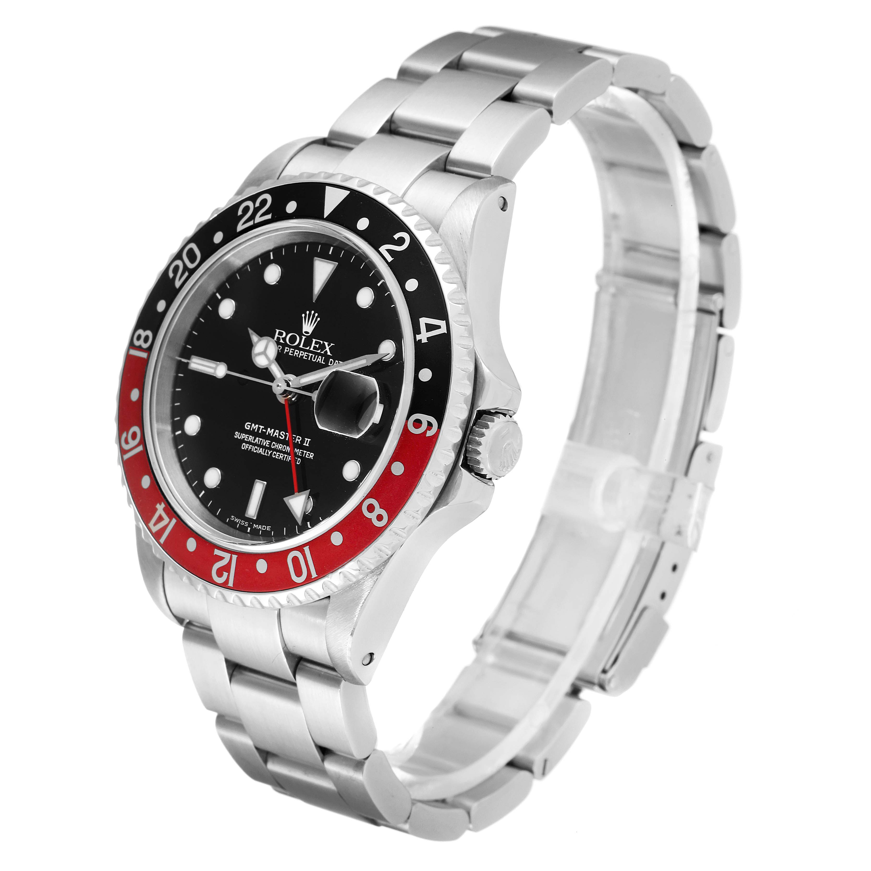The Rolex GMT-Master 16710 Men's Stainless Steel Black Dial 16710 Men's Stainless Steel Black Dial watch is shown at a three-quarter angle, highlighting the bezel, dial, crown, and bracelet.
