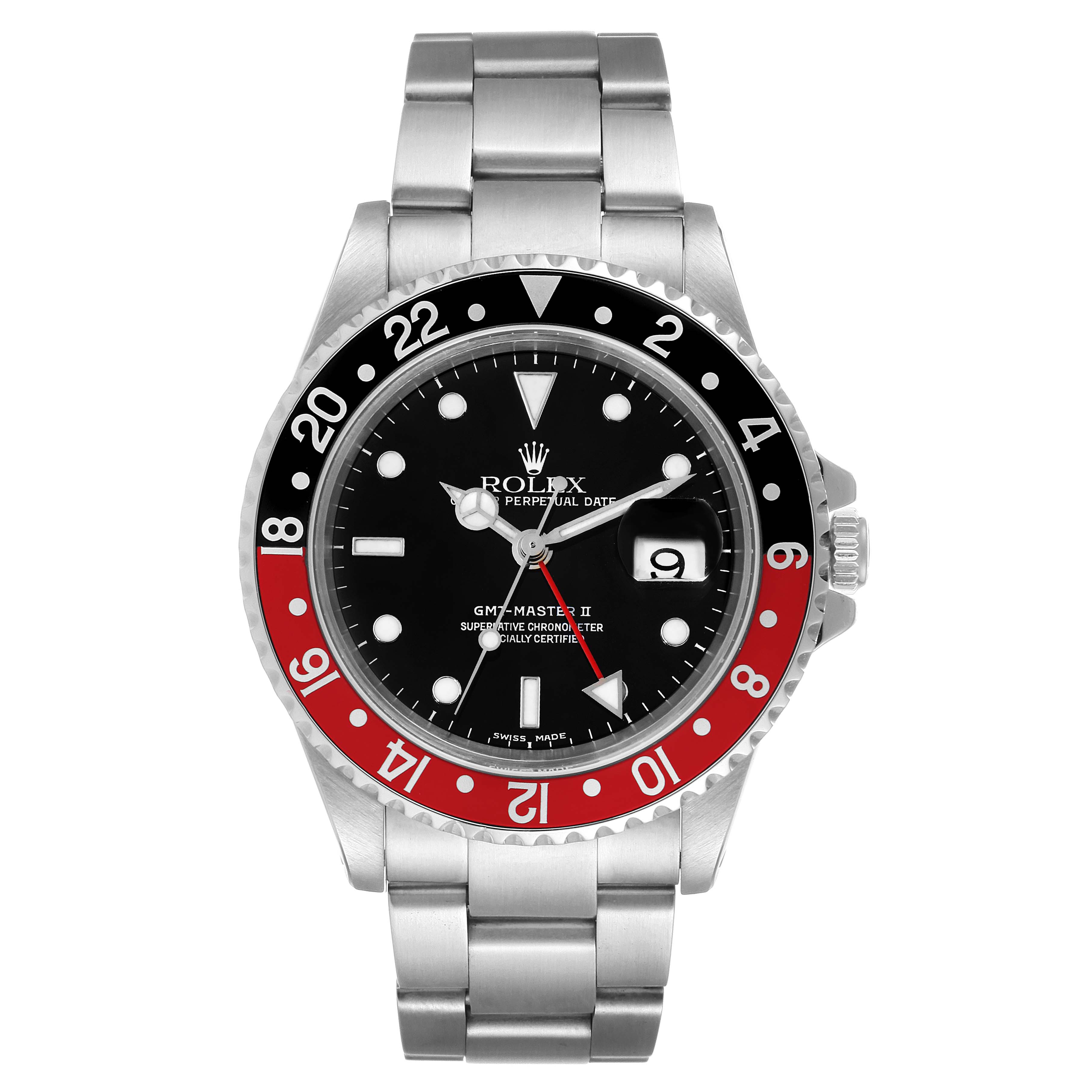 The image shows a front view of a Rolex GMT-Master 16710 Men's Stainless Steel Black Dial 16710 Men's Stainless Steel Black Dial II watch, highlighting its bezel, dial, and bracelet.