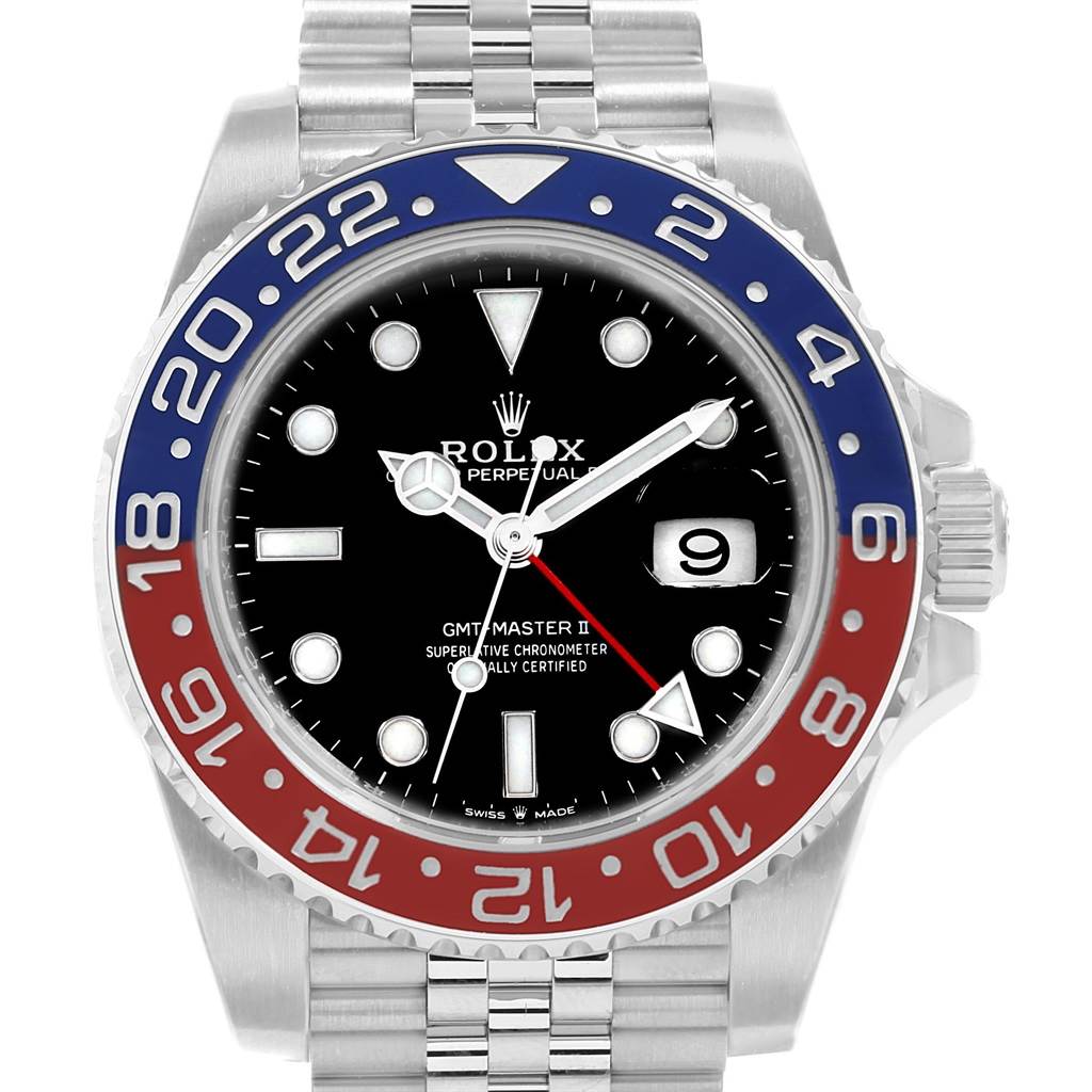 This Rolex GMT-Master 126710 Men's Stainless Steel Black Dial 126710 Men's Stainless Steel Black Dial II watch is shown from the front, highlighting its bezel, dial, hands, markers, crown, and bracelet.