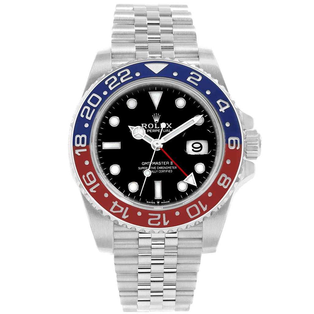 This Rolex GMT-Master 126710 Men's Stainless Steel Black Dial 126710 Men's Stainless Steel Black Dial watch is shown from the front, highlighting its dial, bezel, and bracelet.