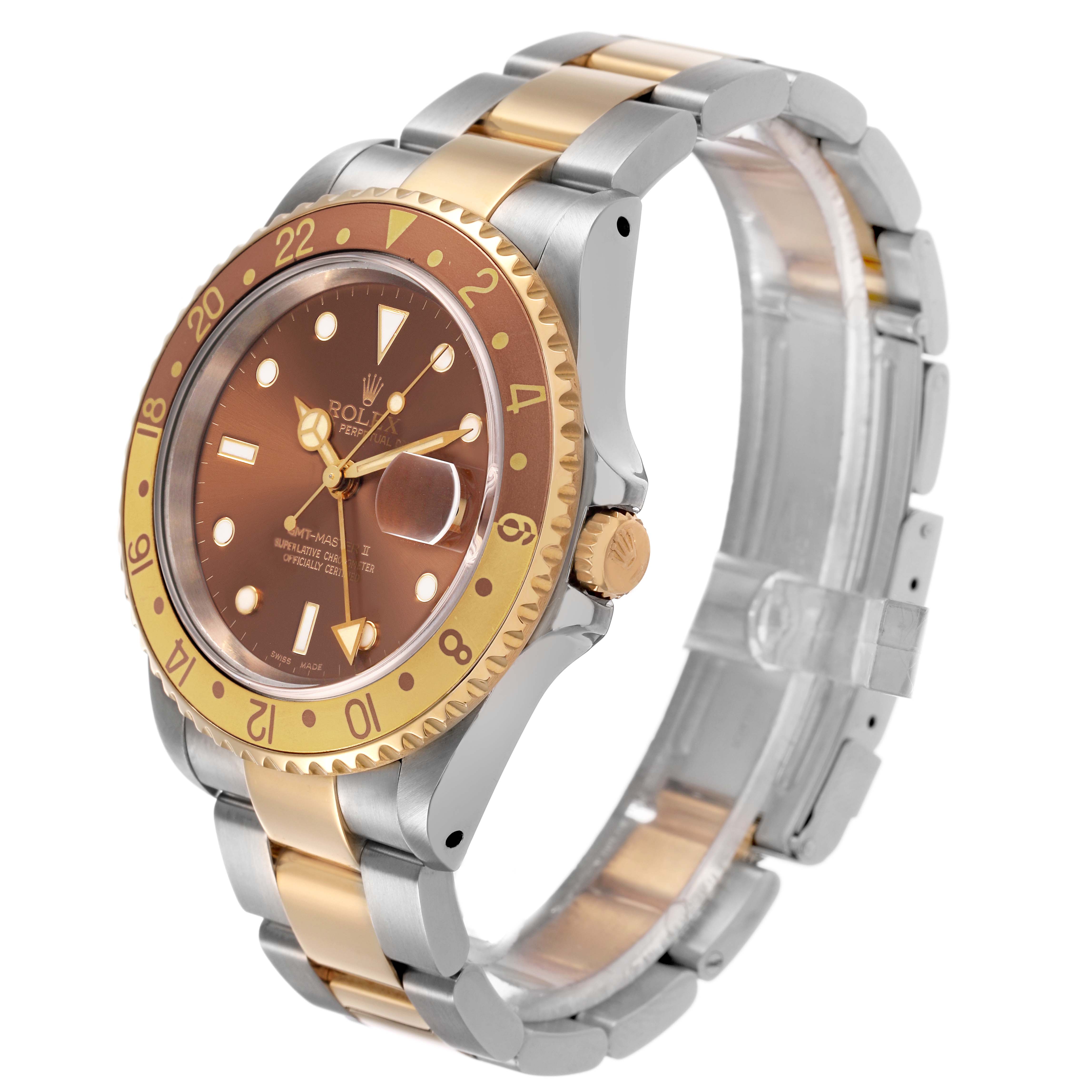 The Rolex GMT-Master 16713 Men's Stainless Steel Brown Dial watch is shown at a three-quarter angle, highlighting its gold bezel, brown dial, and two-tone bracelet.