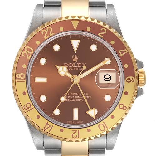 The image shows a front view of a Rolex GMT-Master 16713 Men's Stainless Steel Brown Dial watch, highlighting its bezel, dial, and bracelet.