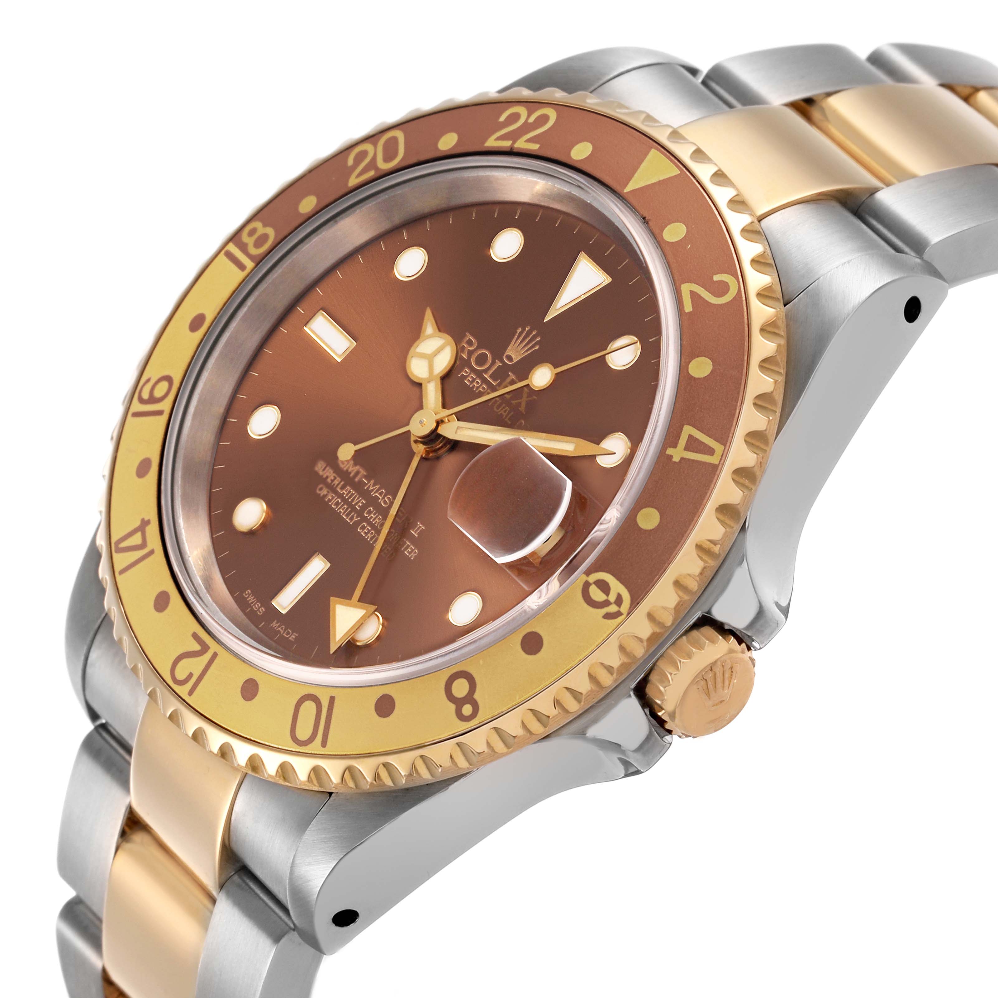 The Rolex GMT-Master 16713 Men's Stainless Steel Brown Dial watch is shown at a three-quarter angle highlighting the bezel, dial, and crown.