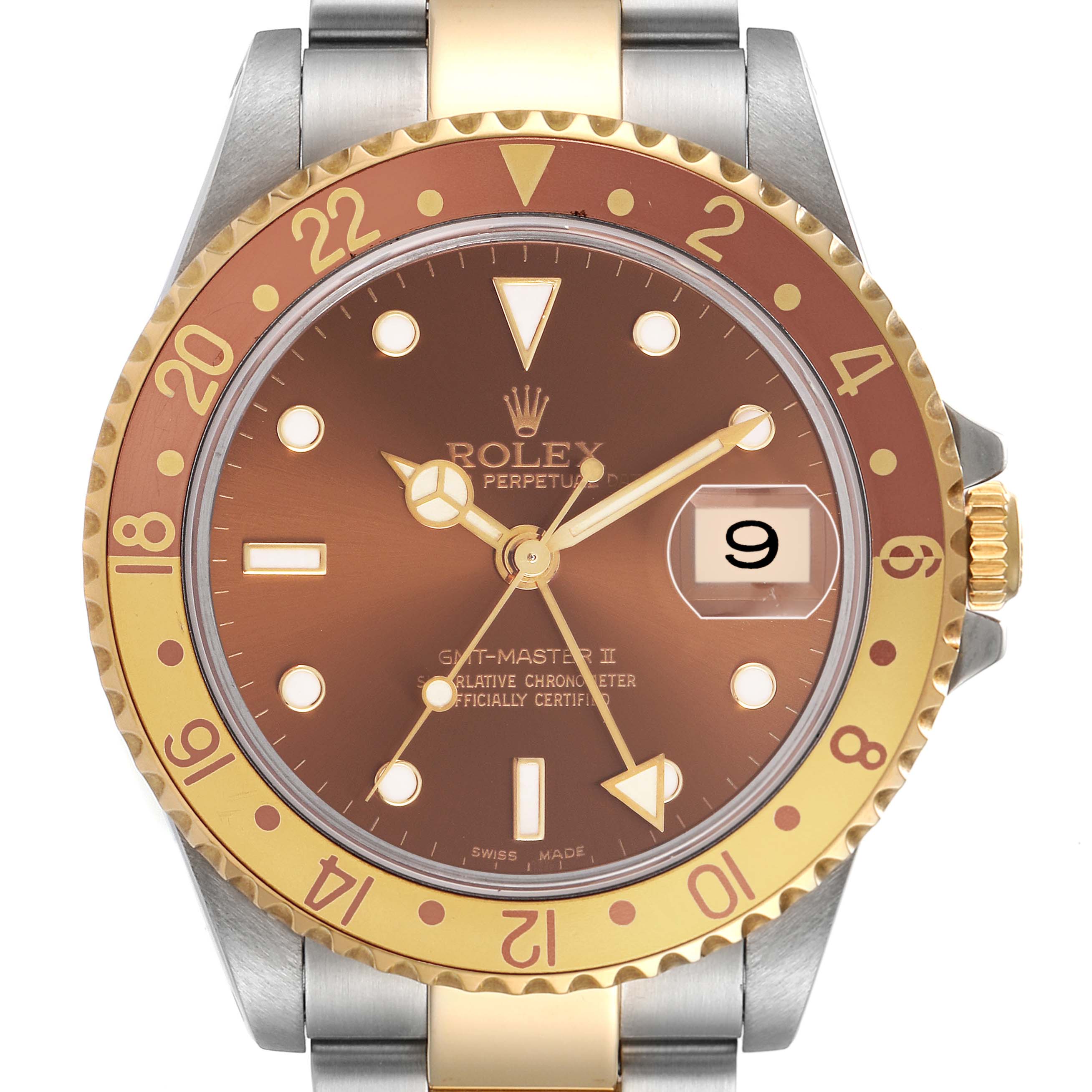 The Rolex GMT-Master 16713 Men's Stainless Steel Brown Dial watch is shown from a direct frontal angle, highlighting its bezel, dial, and date window.