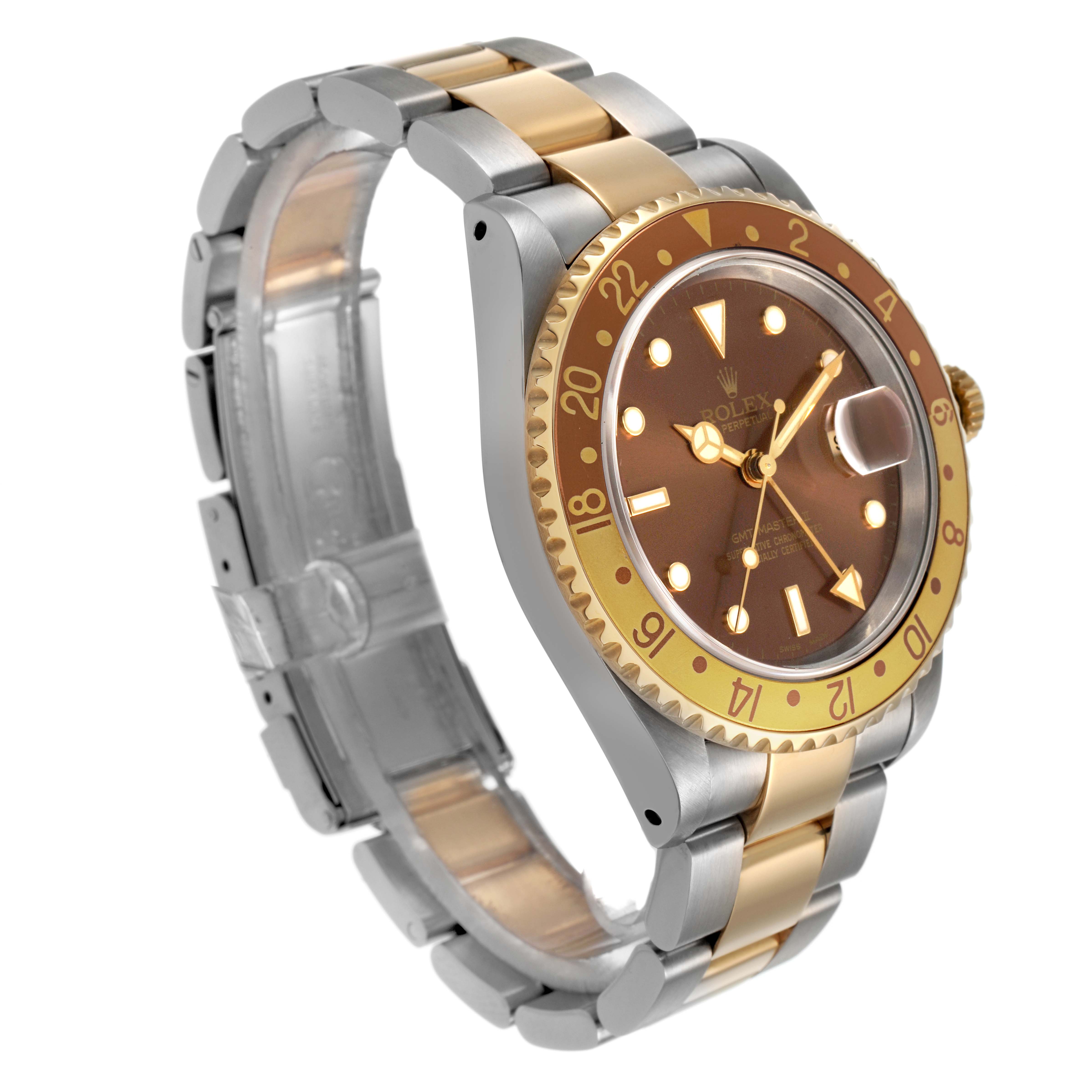 The Rolex GMT-Master 16713 Men's Stainless Steel Brown Dial watch is shown at a three-quarter angle, highlighting the bezel, dial, hands, and bracelet.
