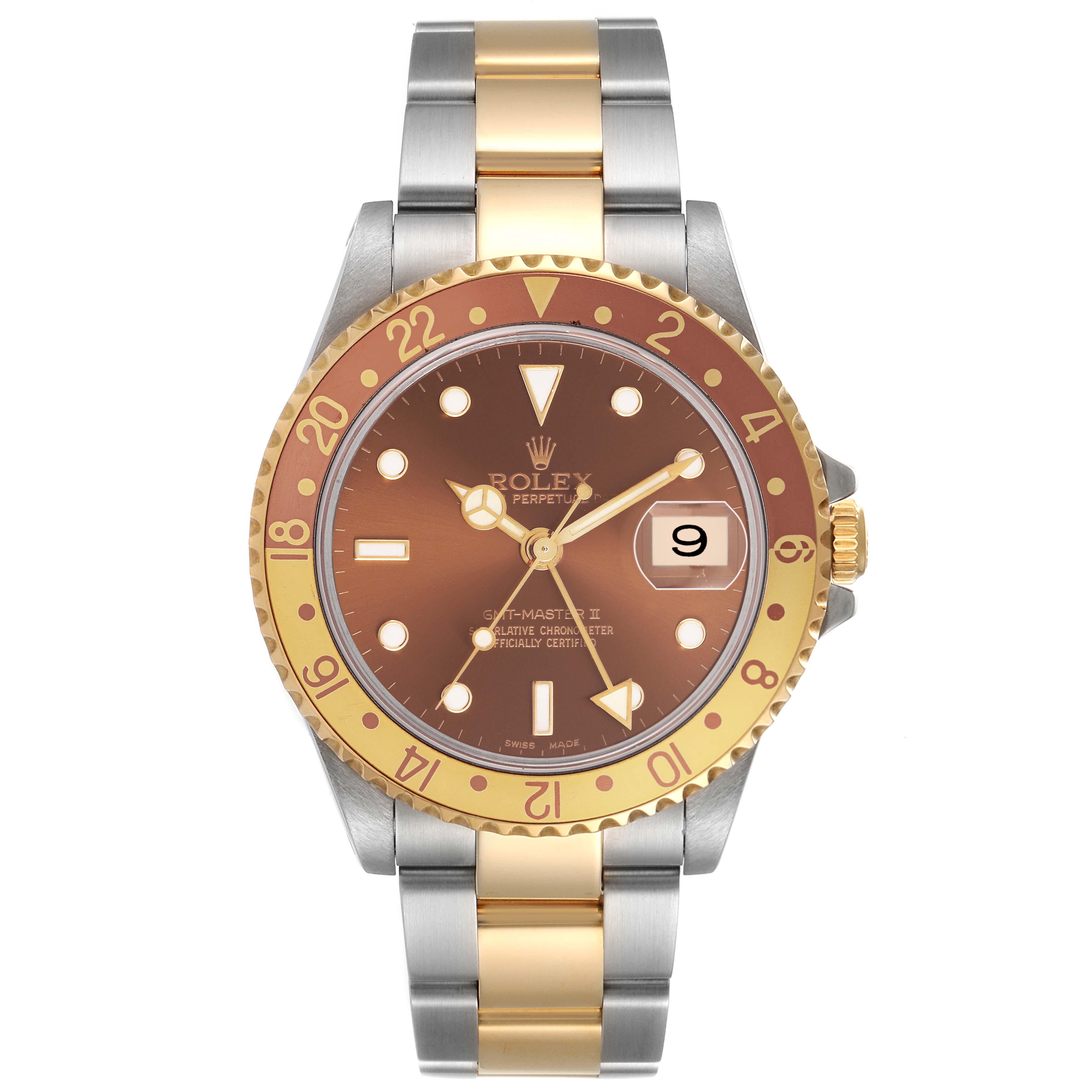 The Rolex GMT-Master 16713 Men's Stainless Steel Brown Dial watch is shown from a front angle, highlighting its bezel, dial, and two-tone bracelet.