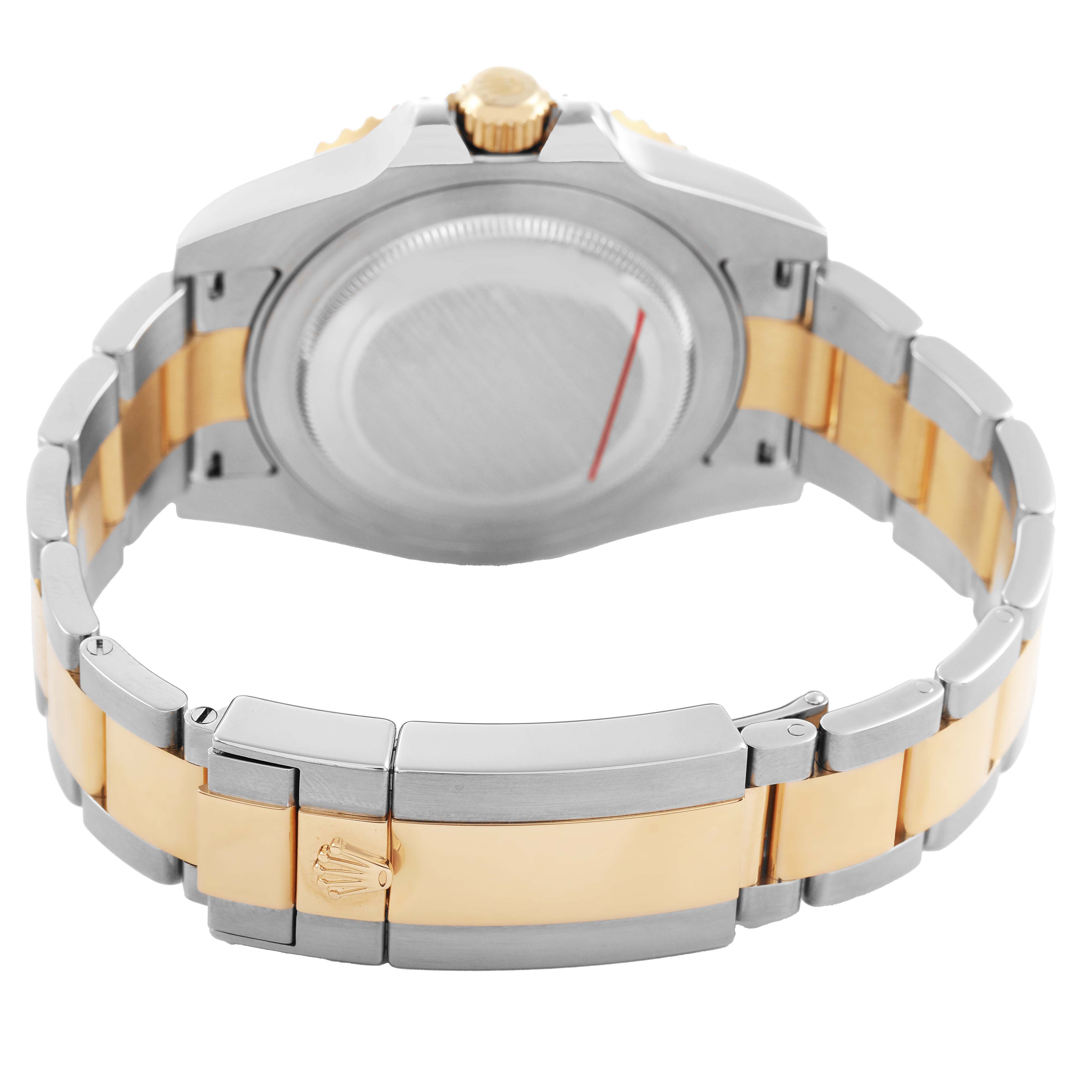 The image shows the back case and bracelet of a two-tone Rolex GMT-Master 116713 Men's Steel and Gold (two tone) Black Dial, emphasizing the clasp and crown.