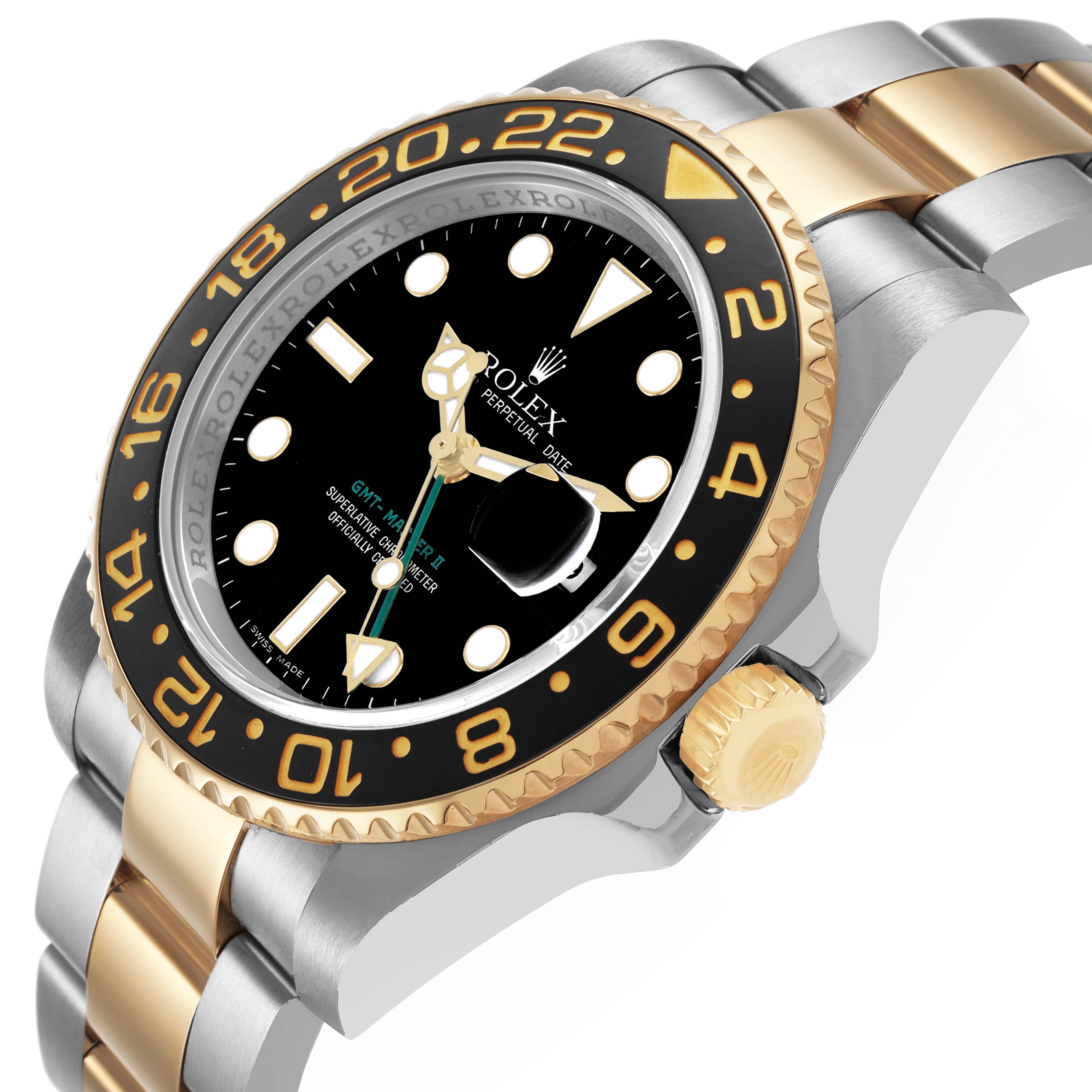 The Rolex GMT-Master 116713 Men's Steel and Gold (two tone) Black Dial is shown from a side angle, highlighting the bezel, bracelet, and crown.