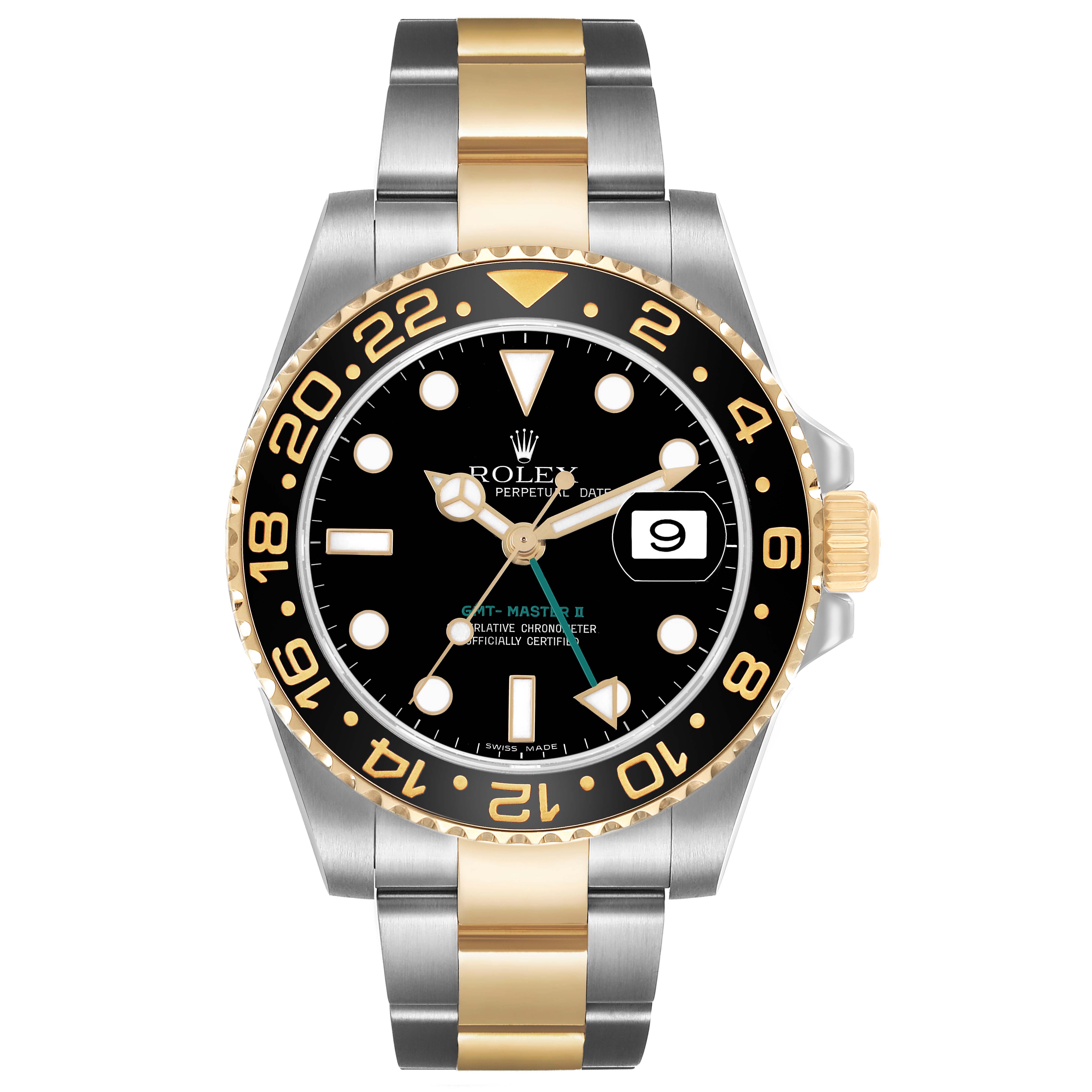 The Rolex GMT-Master 116713 Men's Steel and Gold (two tone) Black Dial watch is shown from a front view, displaying the dial, bezel, and bracelet.