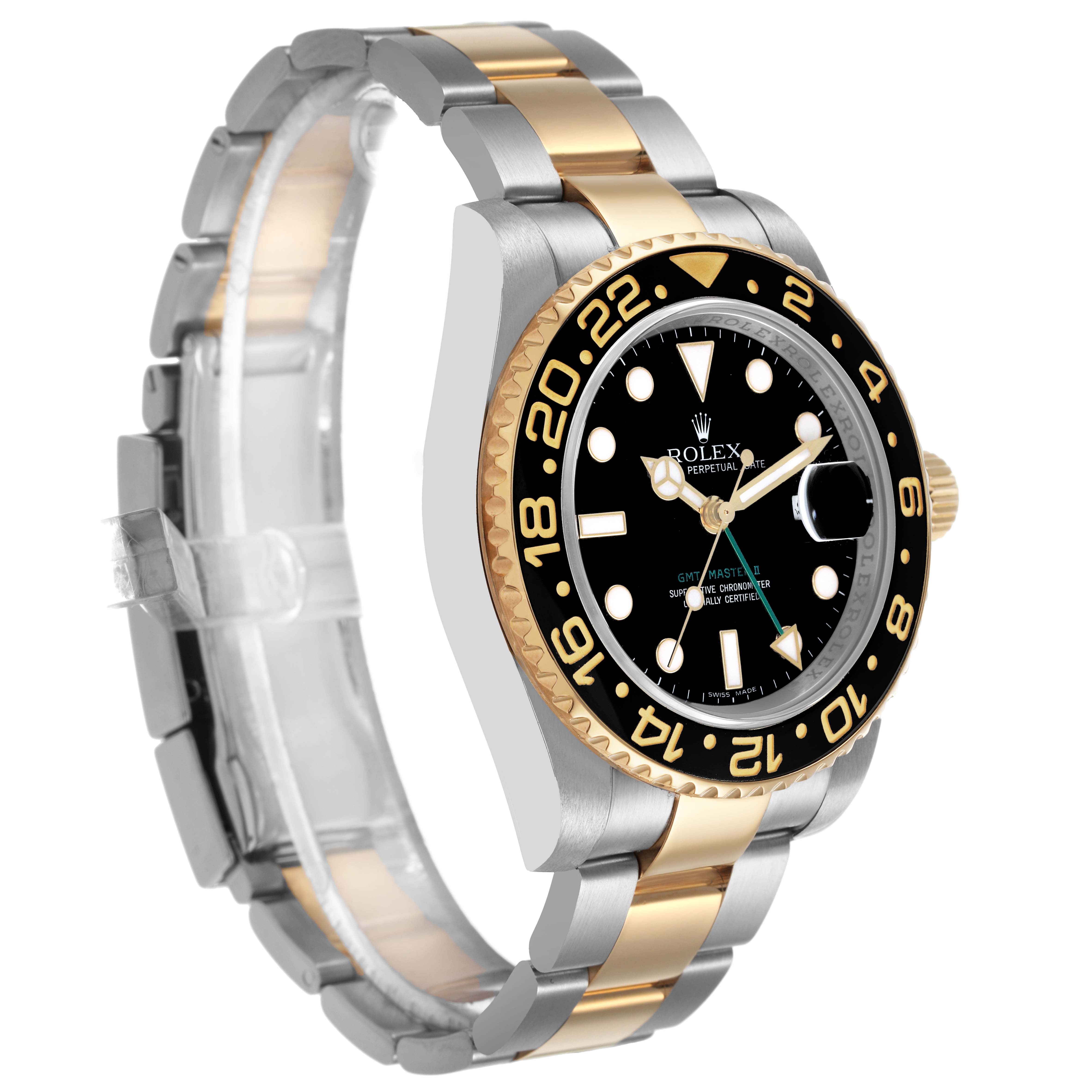 The Rolex GMT-Master 116713 Men's Steel and Gold (two tone) Black Dial watch is shown at a slight angle, highlighting its bezel and two-tone bracelet.