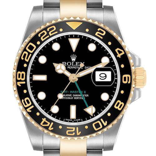 The Rolex GMT-Master 116713 Men's Steel and Gold (two tone) Black Dial watch is shown from the front, highlighting its dial, bezel, and part of the bracelet.