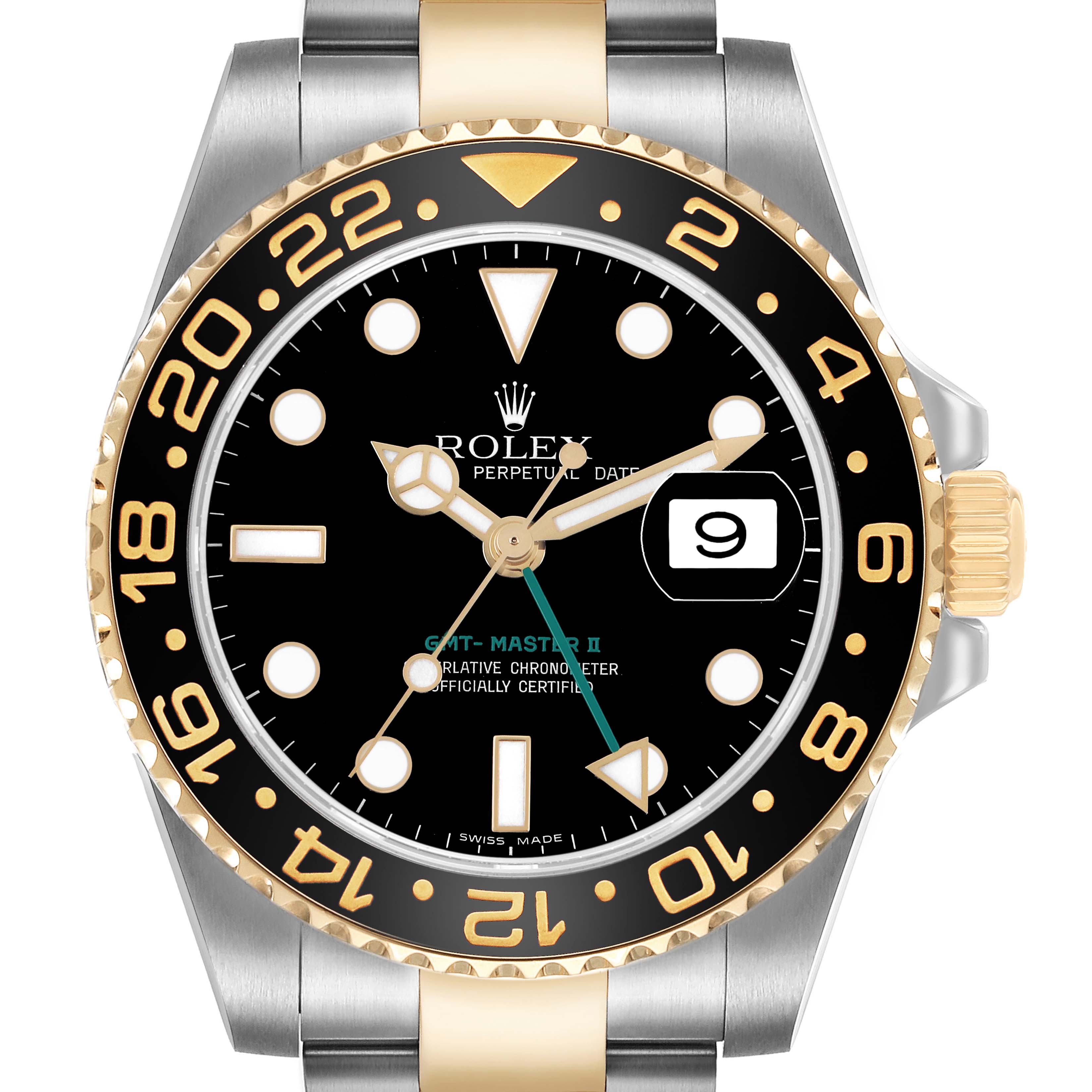 The Rolex GMT-Master 116713 Men's Steel and Gold (two tone) Black Dial watch is shown from a front view, displaying the face, bezel, and part of the bracelet.
