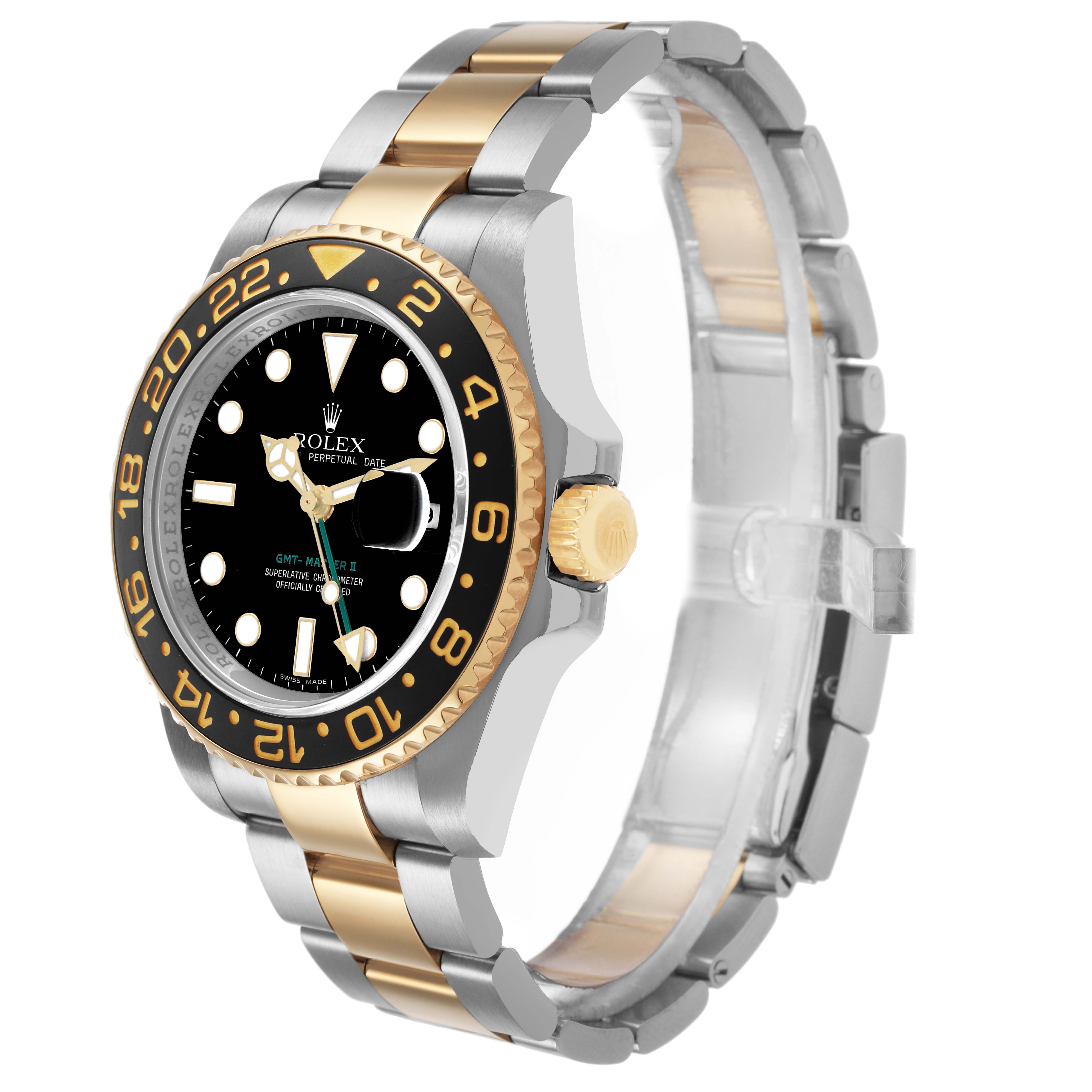 The Rolex GMT-Master 116713 Men's Steel and Gold (two tone) Black Dial watch is shown in a three-quarter view, highlighting the bezel, dial, and two-tone bracelet.