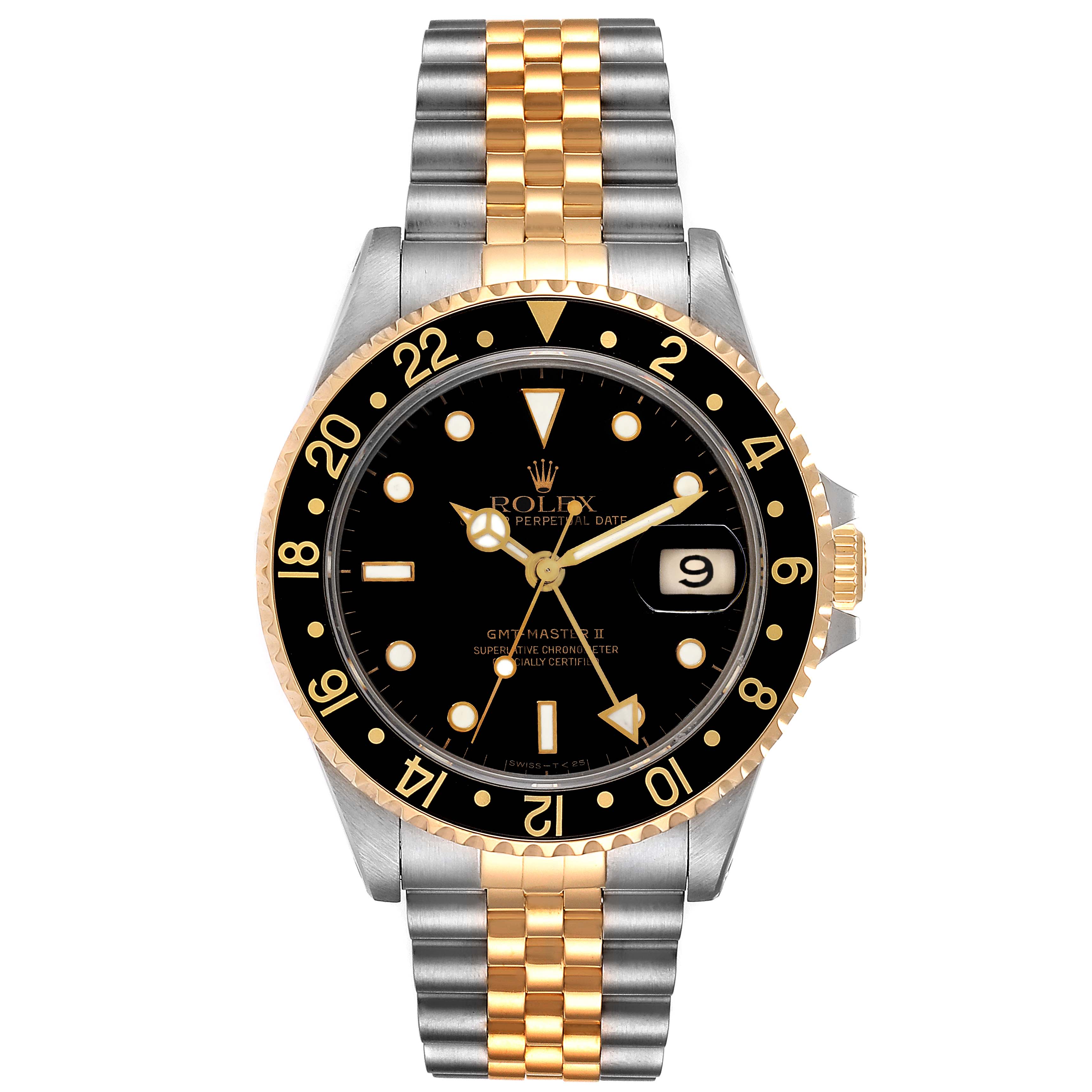 This image shows a frontal view of a Rolex GMT-Master 16713 Men's Steel and Gold (two tone) Black Dial 16713 Men's Steel and Gold (two tone) Black Dial II watch, highlighting the dial, bezel, crown, and bracelet.