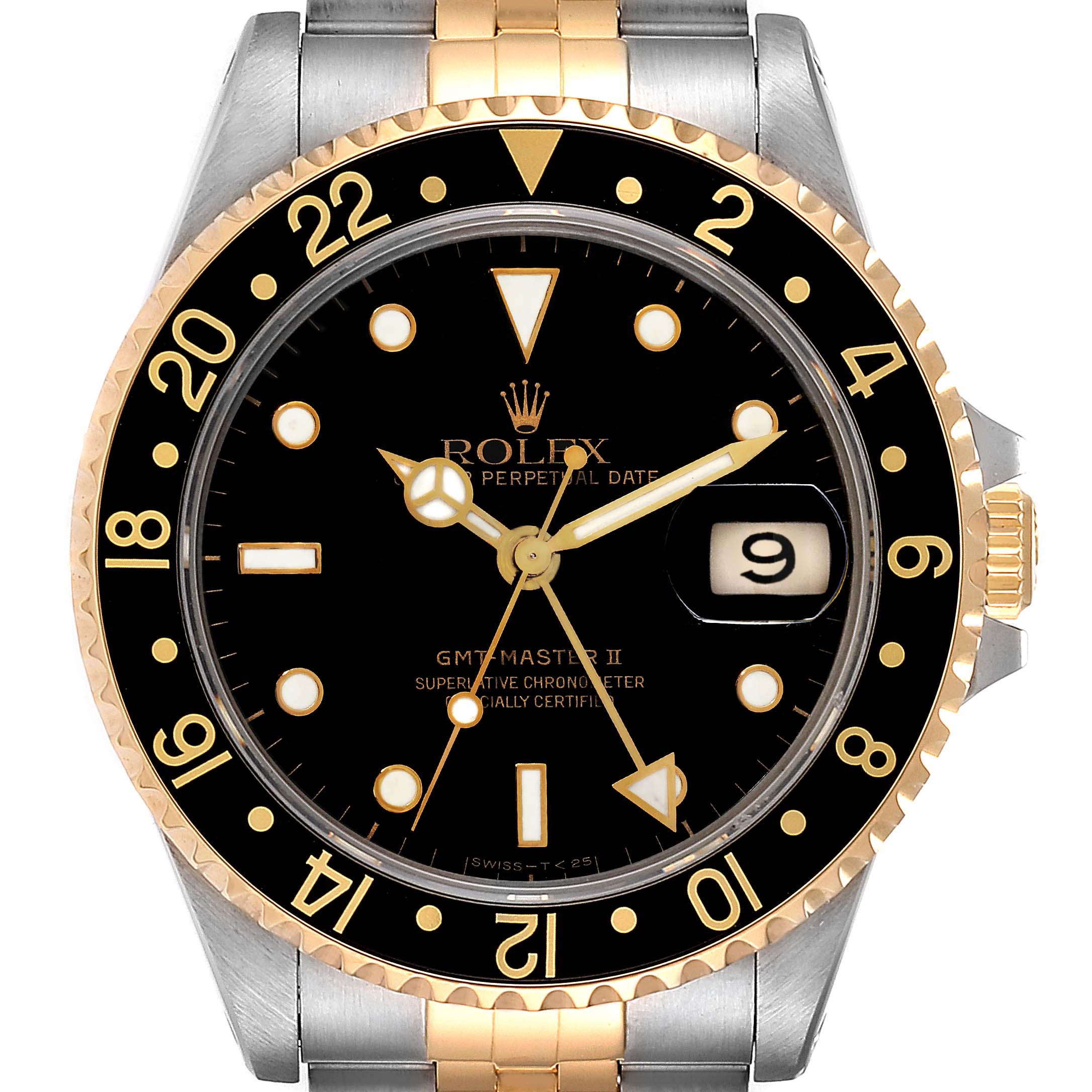 The image shows a Rolex GMT-Master 16713 Men's Steel and Gold (two tone) Black Dial 16713 Men's Steel and Gold (two tone) Black Dial II watch, displaying its face, bezel, and part of the bracelet from a head-on angle.