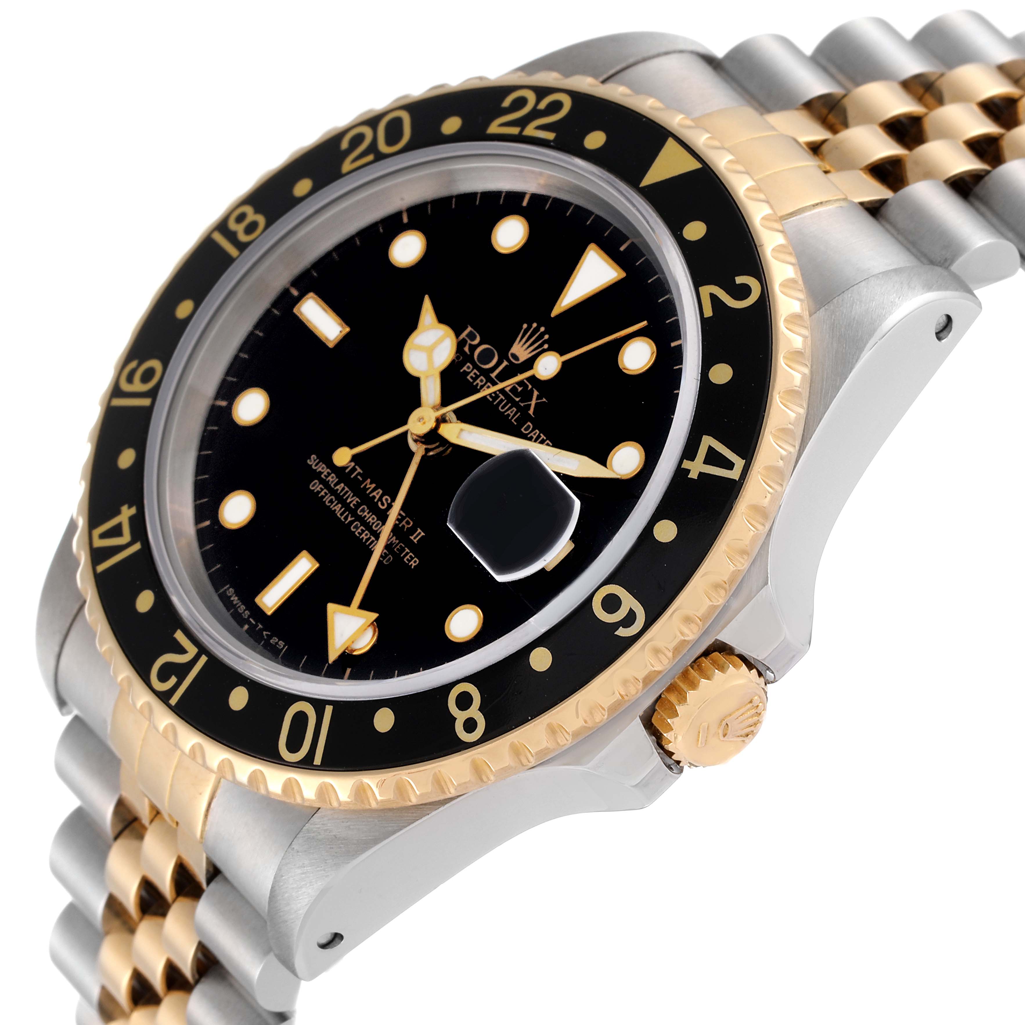 This image shows a close-up of the face and bezel of a Rolex GMT-Master 16713 Men's Steel and Gold (two tone) Black Dial 16713 Men's Steel and Gold (two tone) Black Dial watch, featuring a two-tone bracelet.