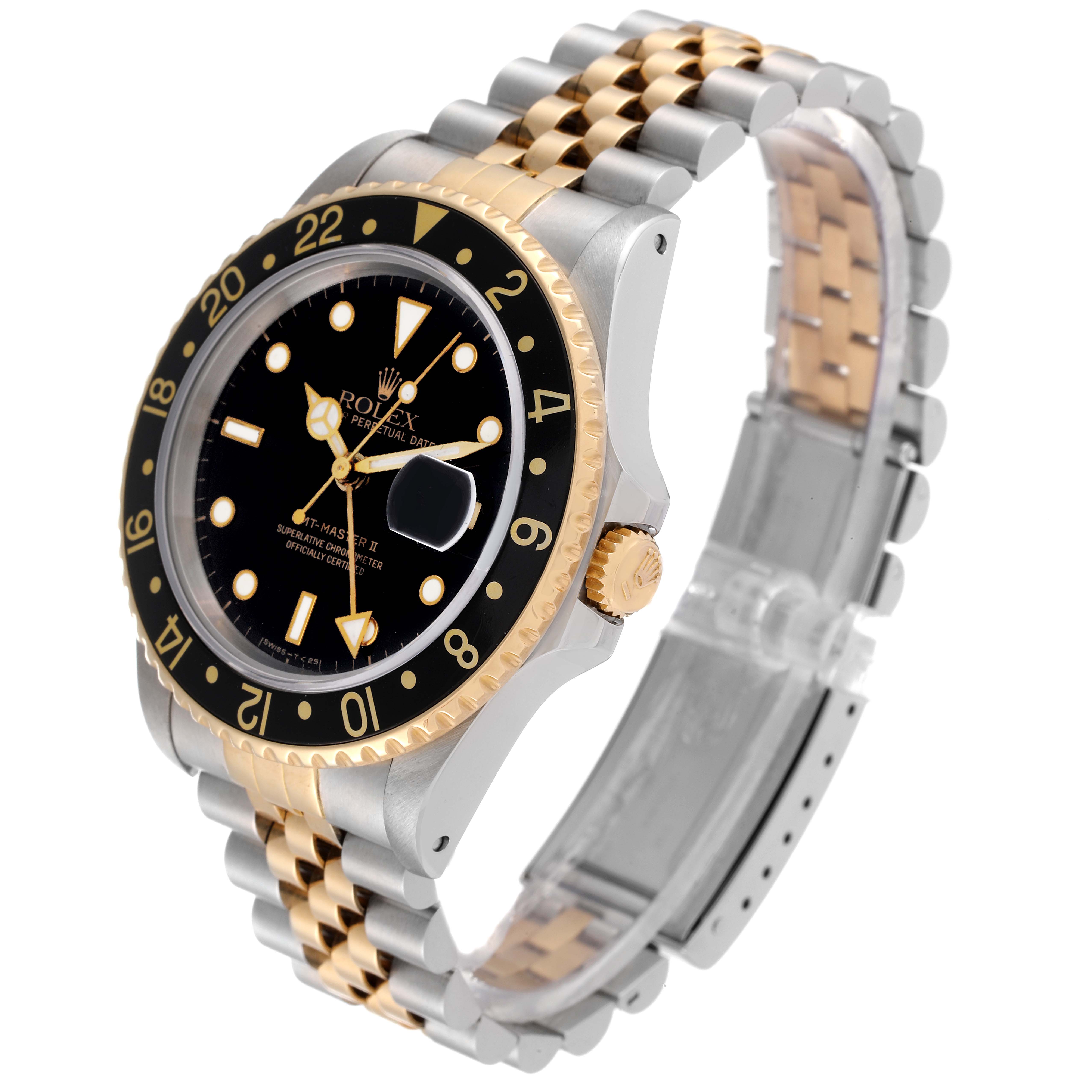 The image shows a Rolex GMT-Master 16713 Men's Steel and Gold (two tone) Black Dial 16713 Men's Steel and Gold (two tone) Black Dial II watch with a two-tone bracelet, black dial, gold accents, and a black and gold bezel, viewed at an angle.