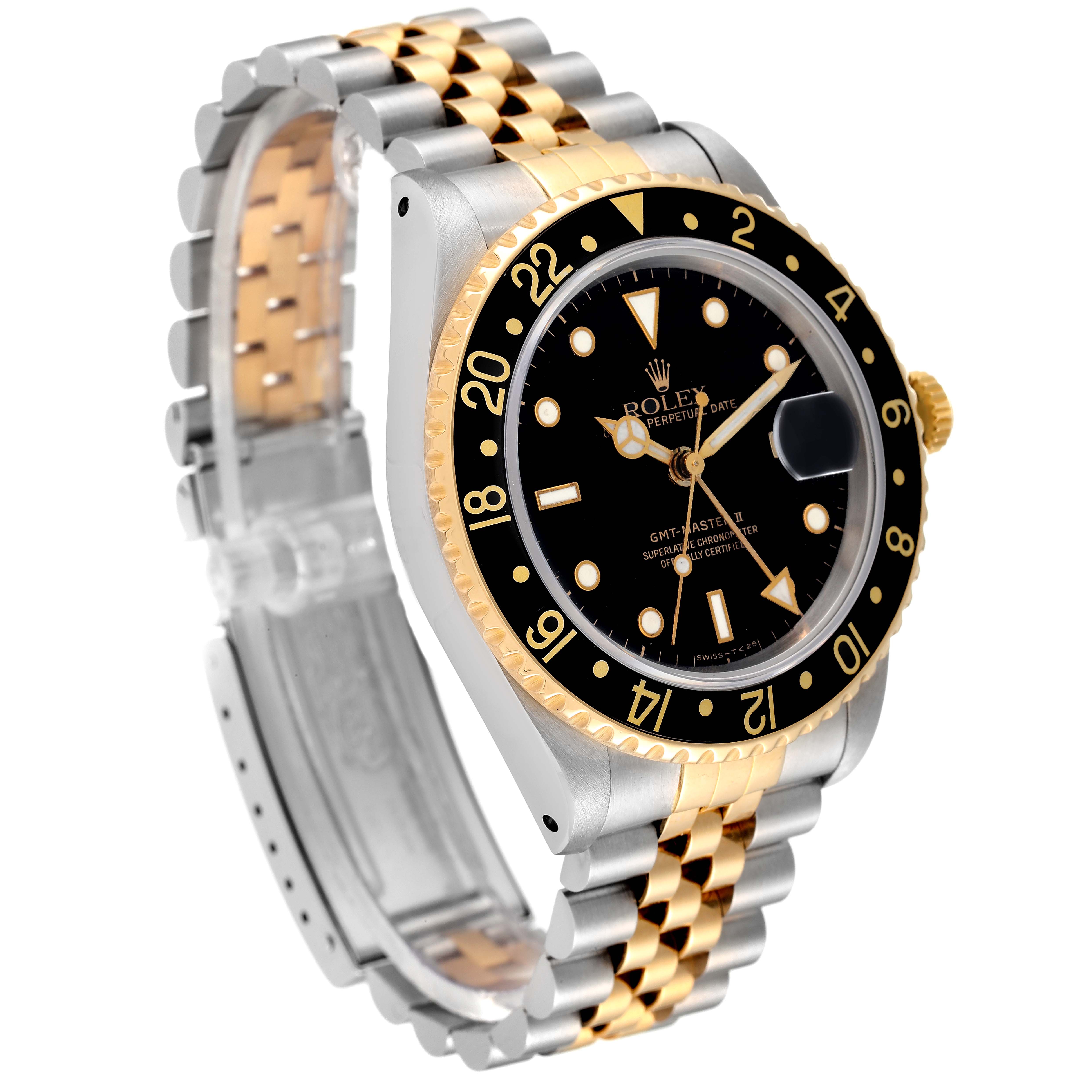 The image shows a Rolex GMT-Master 16713 Men's Steel and Gold (two tone) Black Dial 16713 Men's Steel and Gold (two tone) Black Dial watch angled to display its black dial, two-tone bezel, and two-tone metal bracelet.