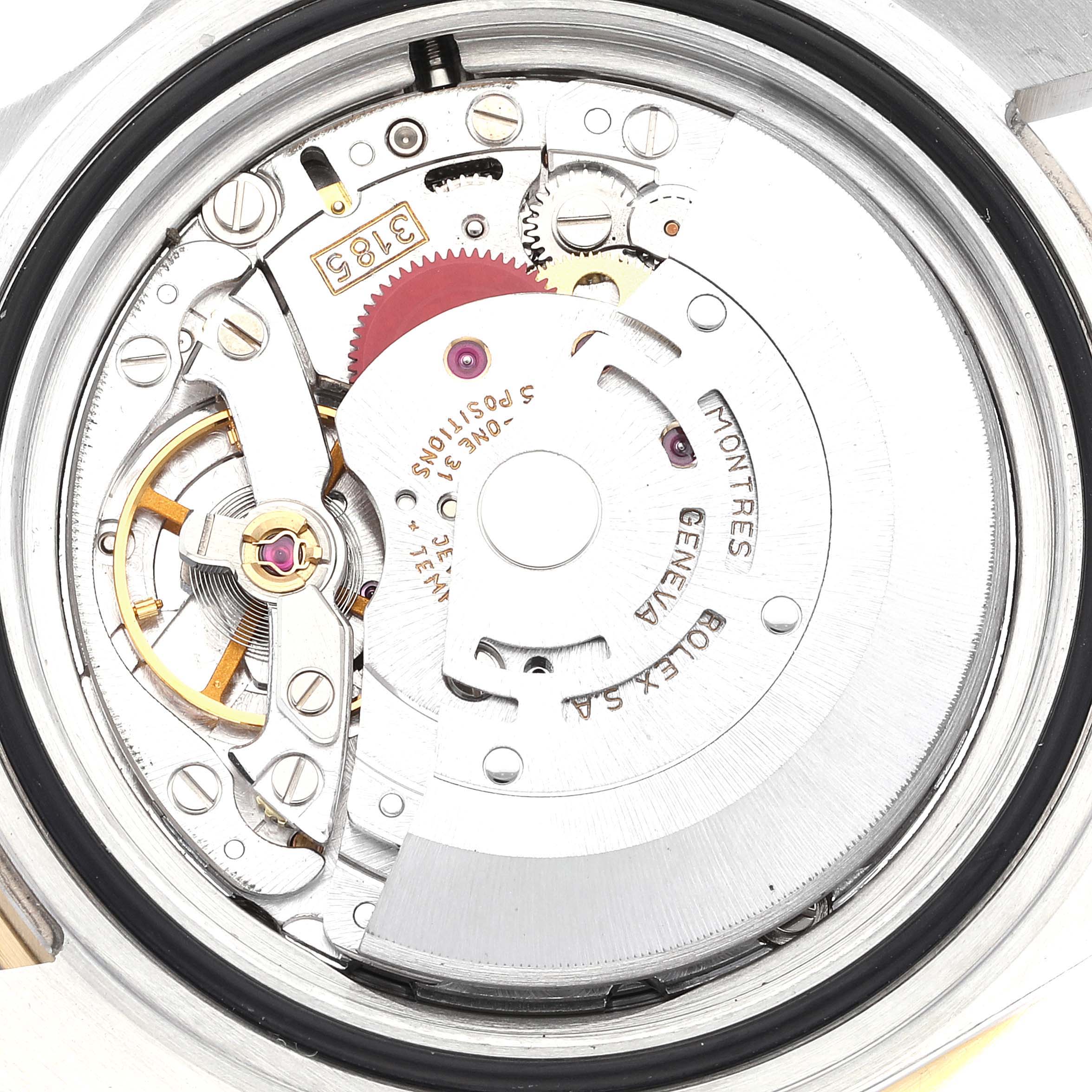 This image shows the internal movement of a Rolex GMT-Master 16713 Men's Steel and Gold (two tone) Black Dial 16713 Men's Steel and Gold (two tone) Black Dial watch, viewed from the back with the case removed.