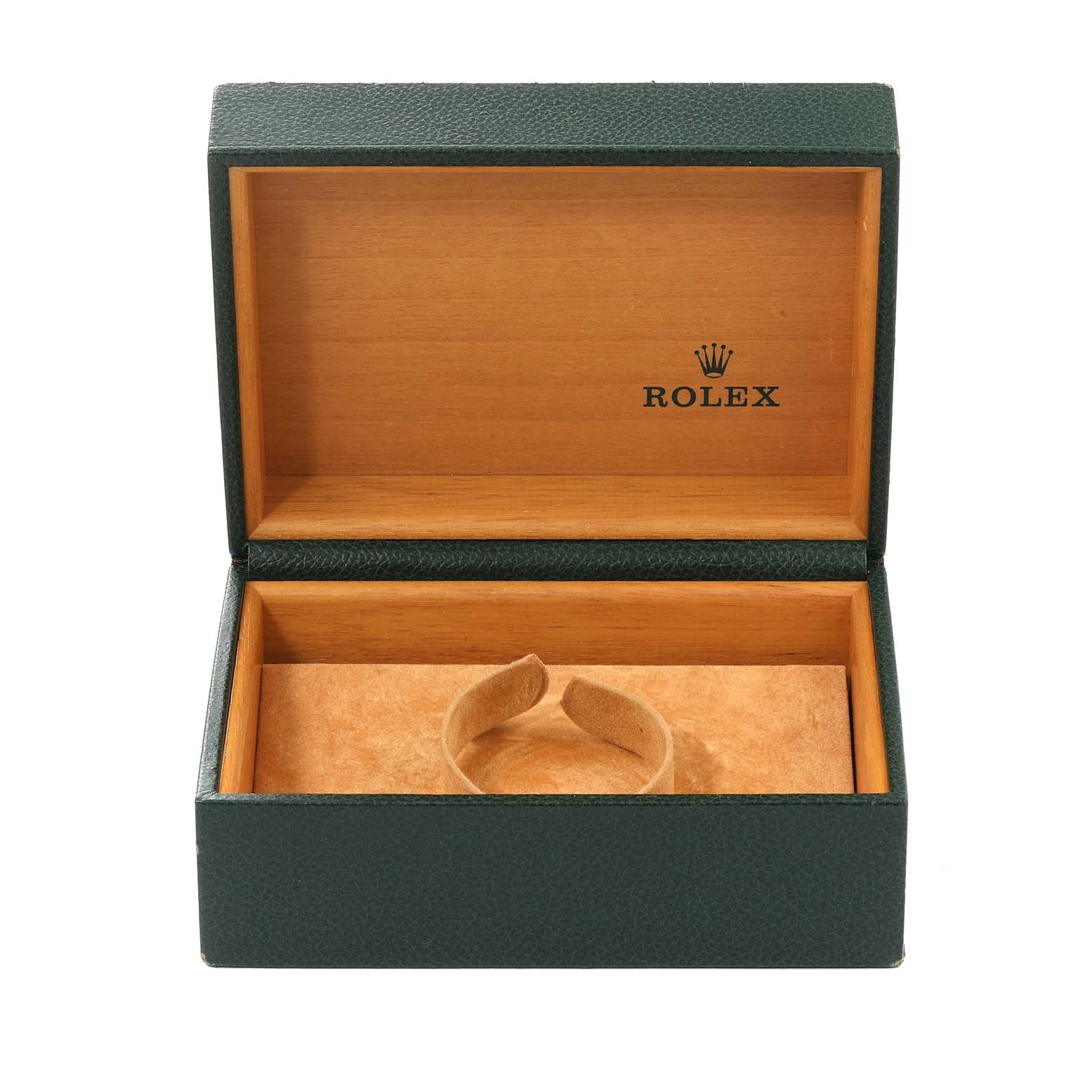 This image shows an open watch box for a Rolex GMT-Master 16713 Men's Steel and Gold (two tone) Black Dial 16713 Men's Steel and Gold (two tone) Black Dial model, displaying the interior and a watch holder.