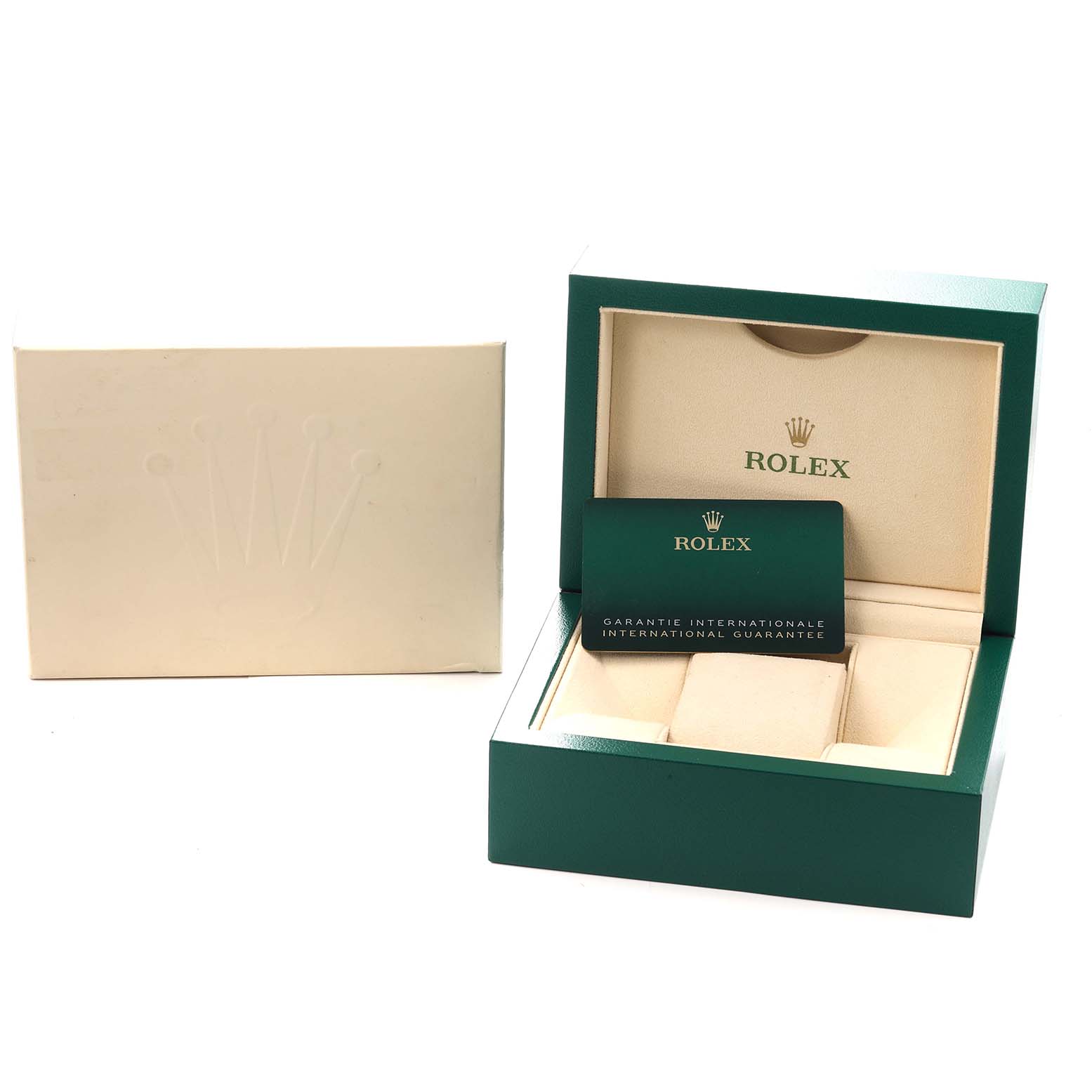 The image shows the packaging and accessories for a Rolex Oyster Perpetual (model 124300) men
s watch, including the box and international guarantee card.