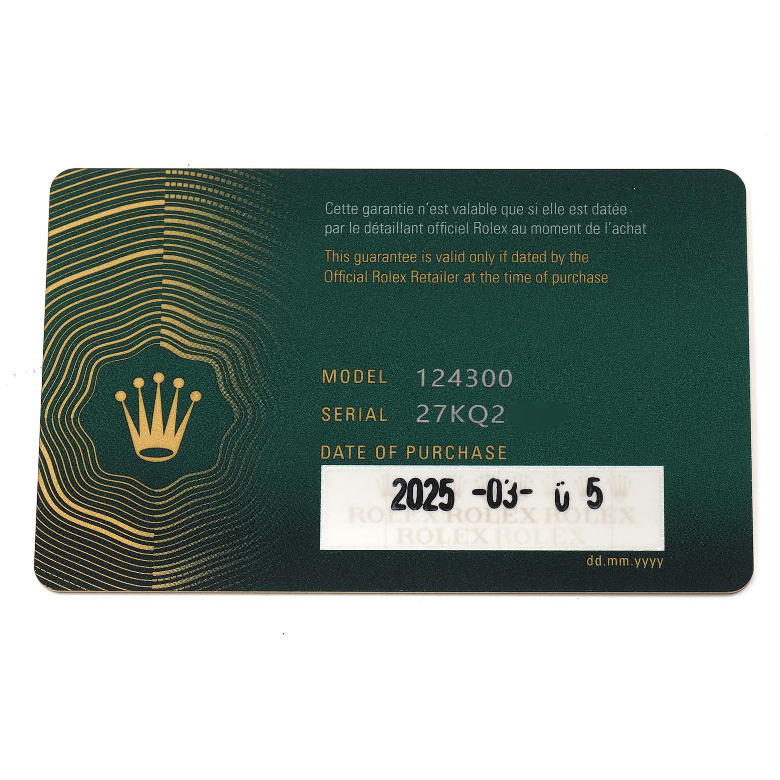 The image shows a guarantee card for the Rolex Oyster Perpetual, model number 124300, displaying the model and serial number, along with purchase date details.