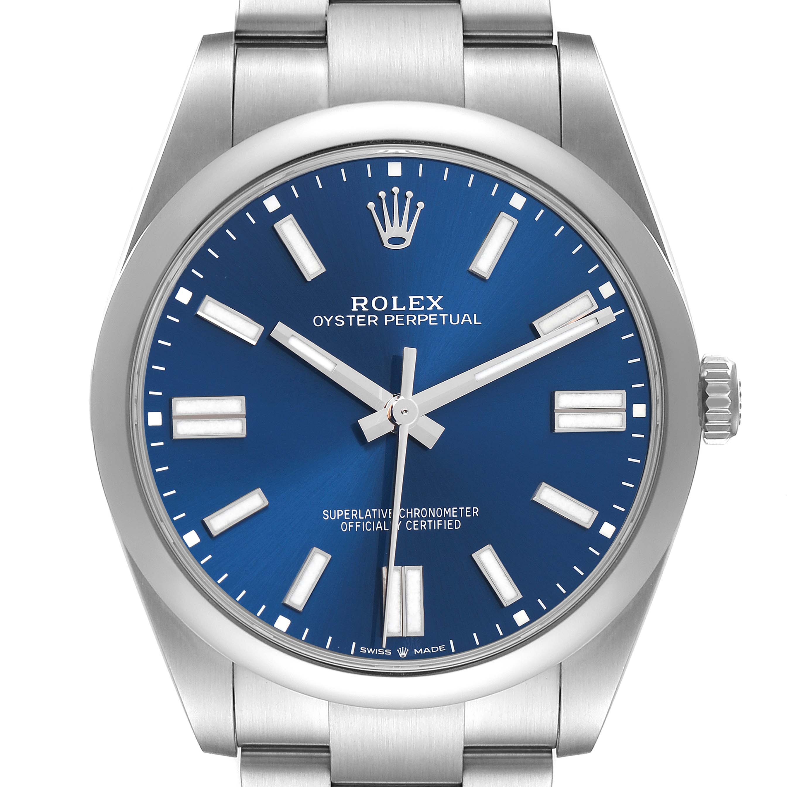 The image shows a Rolex Oyster Perpetual model 124300 men
s watch from a front angle, highlighting the blue dial, hands, markers, and part of the bracelet.