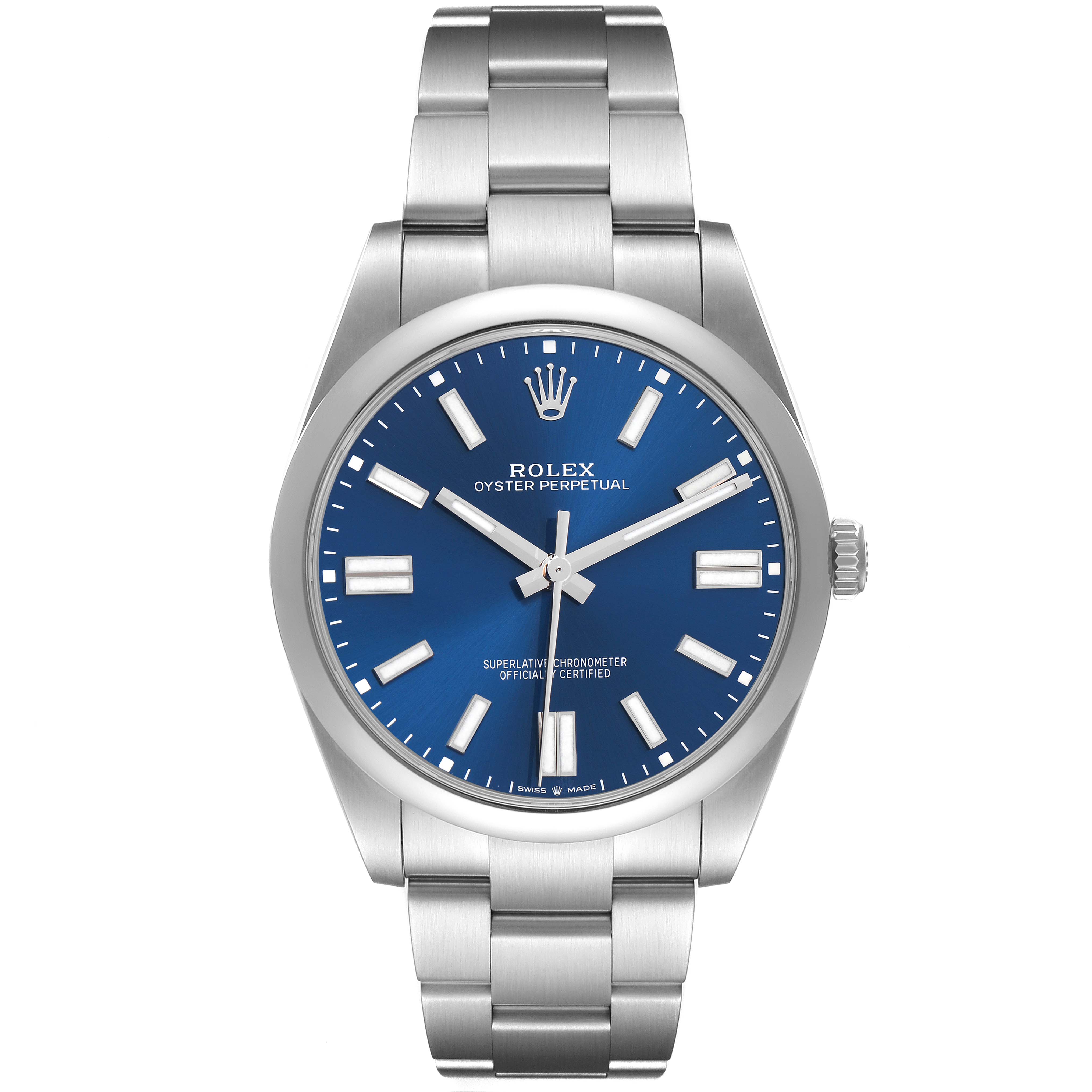 The Rolex Oyster Perpetual model number 124300 is shown from a front angle, highlighting its blue dial, hour markers, and the stainless steel bracelet.