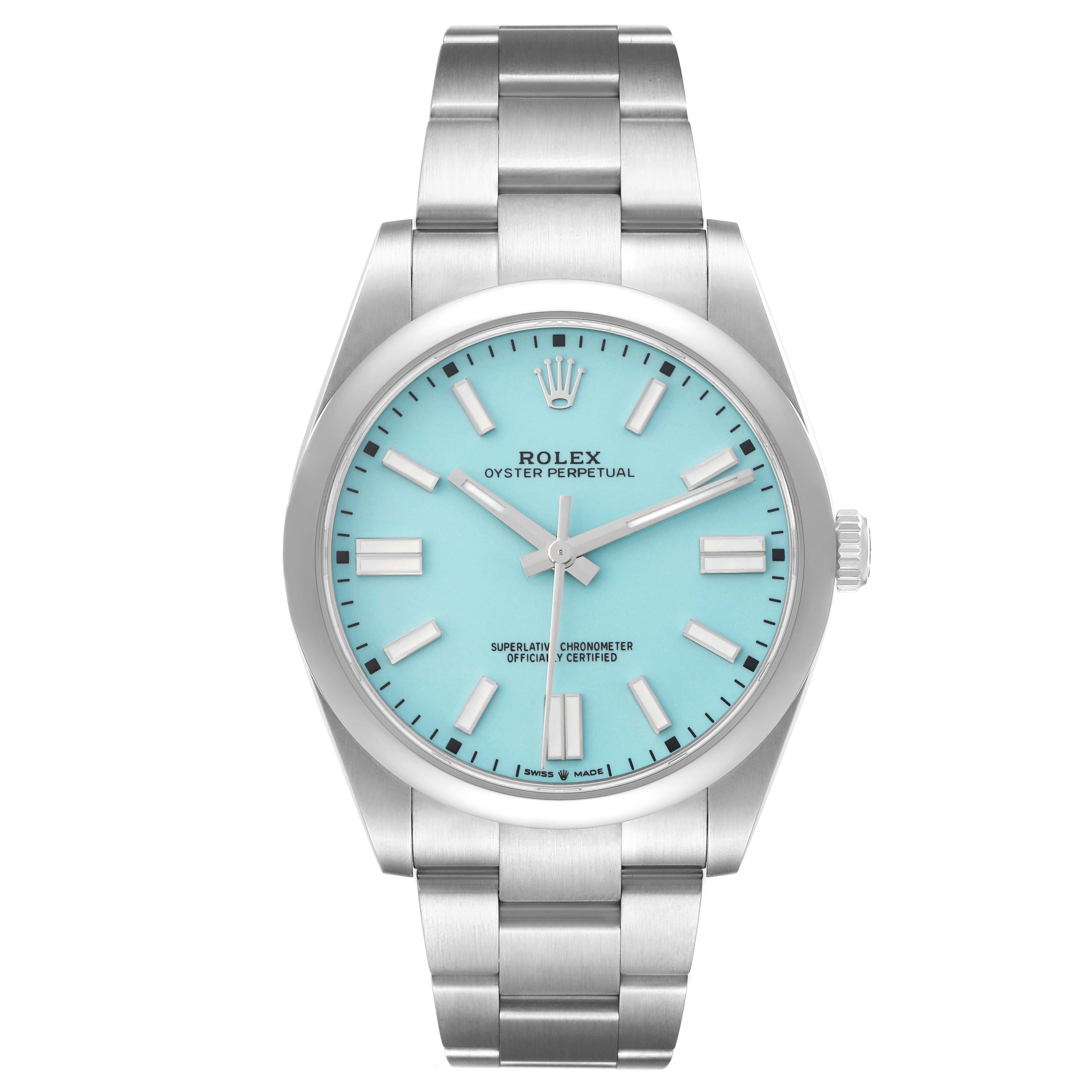 The image shows a front view of the Rolex Oyster Perpetual model 124300 men
s watch, highlighting its bracelet, case, dial, and crown.