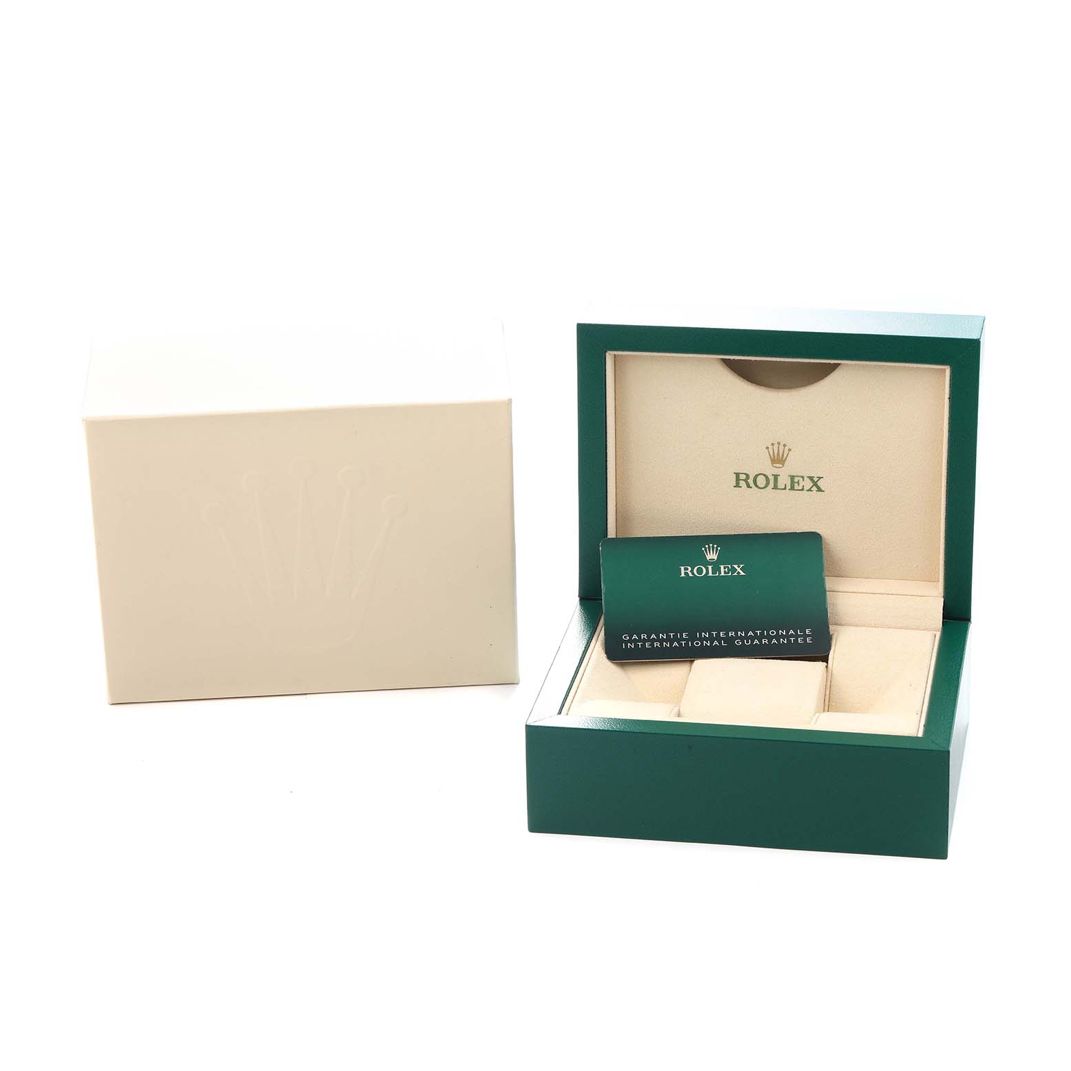 The image shows the packaging for a Rolex Oyster Perpetual model 124300 men
s watch, including a green and beige box and guarantee booklet.