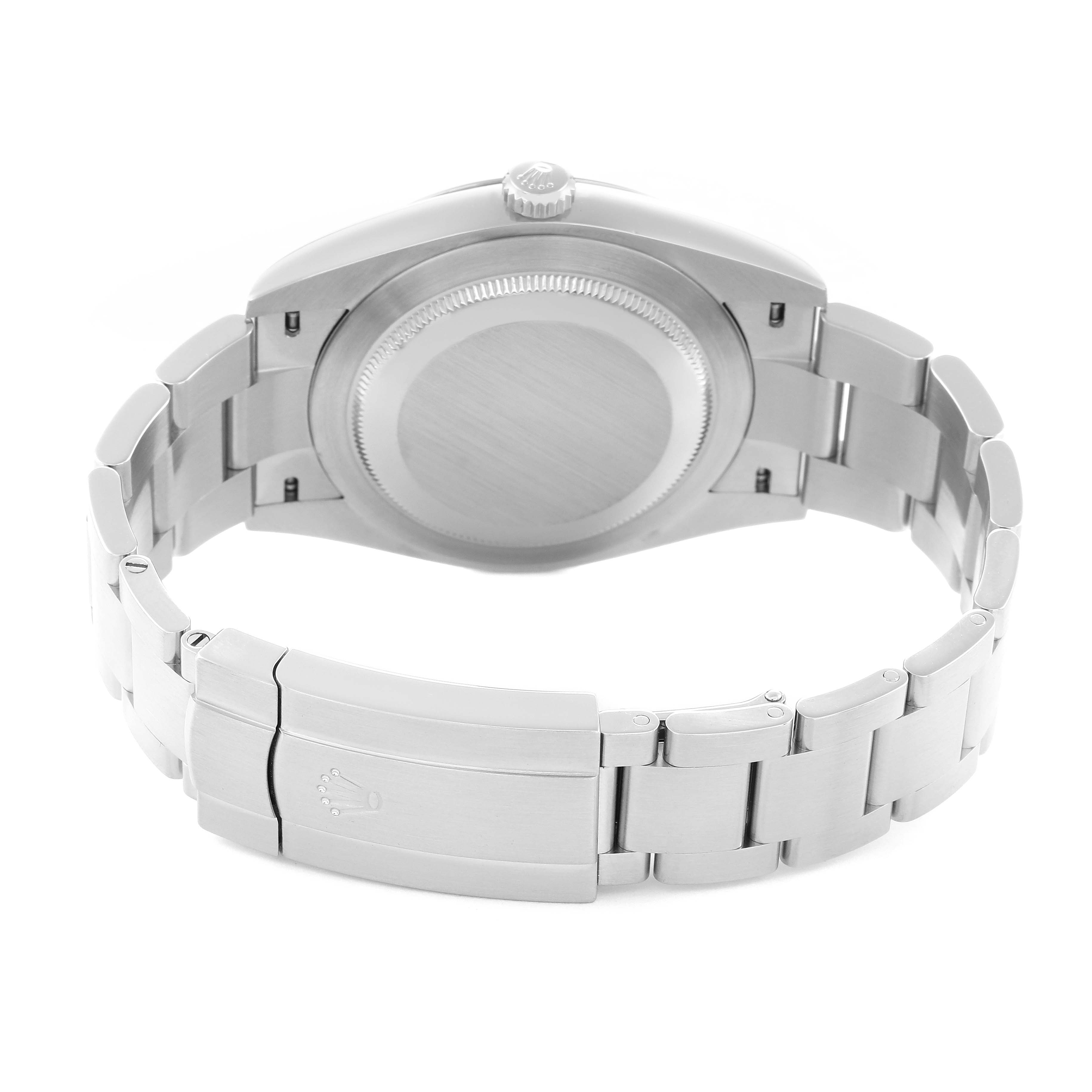 The image shows the back view of the Rolex Oyster Perpetual model 124300 men
s watch, highlighting the case back and bracelet with the clasp closed.