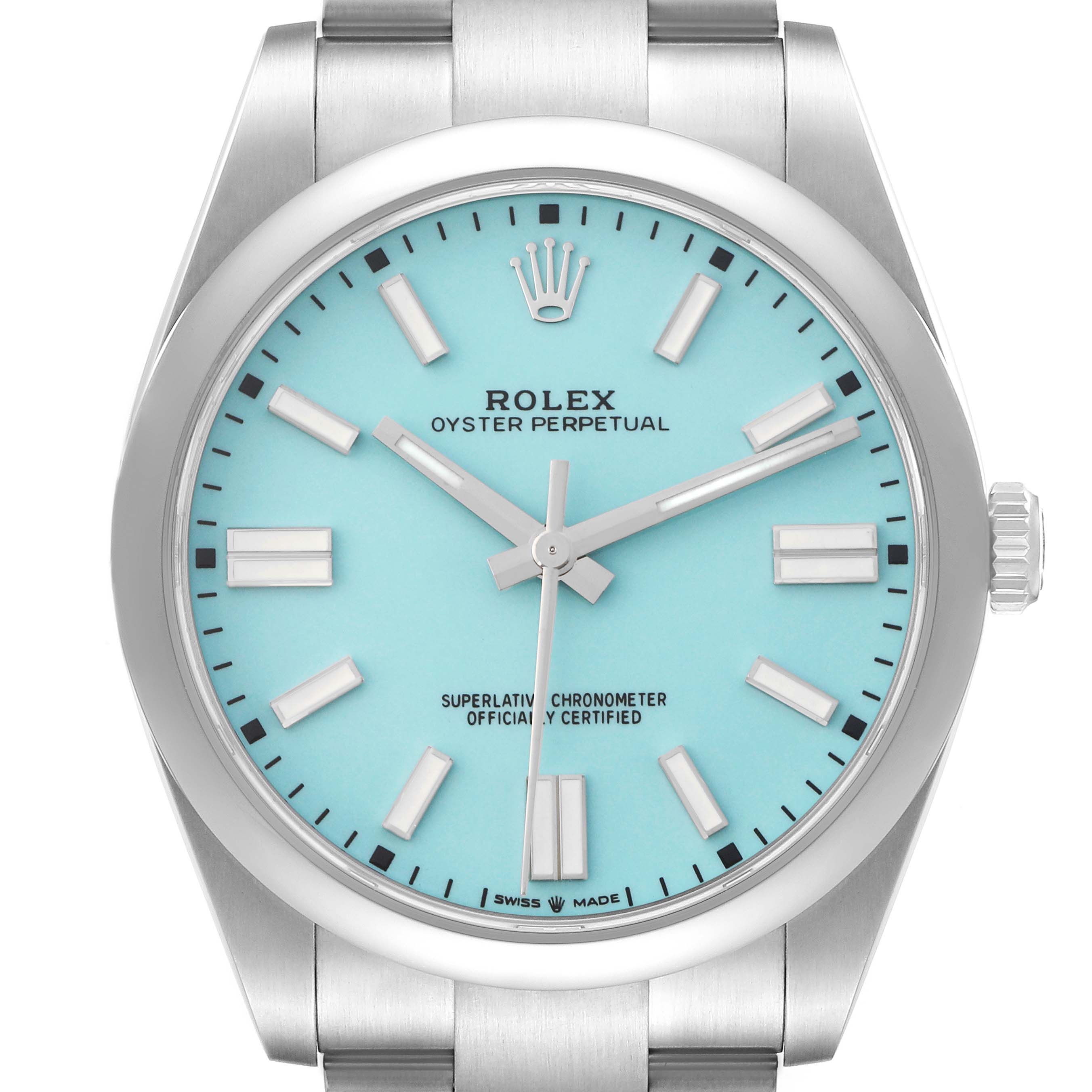 The Rolex Oyster Perpetual model 124300 is shown from a front angle, highlighting the watch face, hands, markers, bezel, and part of the bracelet.