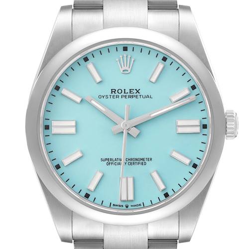 The image shows a frontal view of the Rolex Oyster Perpetual model 124300, highlighting the dial, hands, markers, crown, and part of the bracelet.