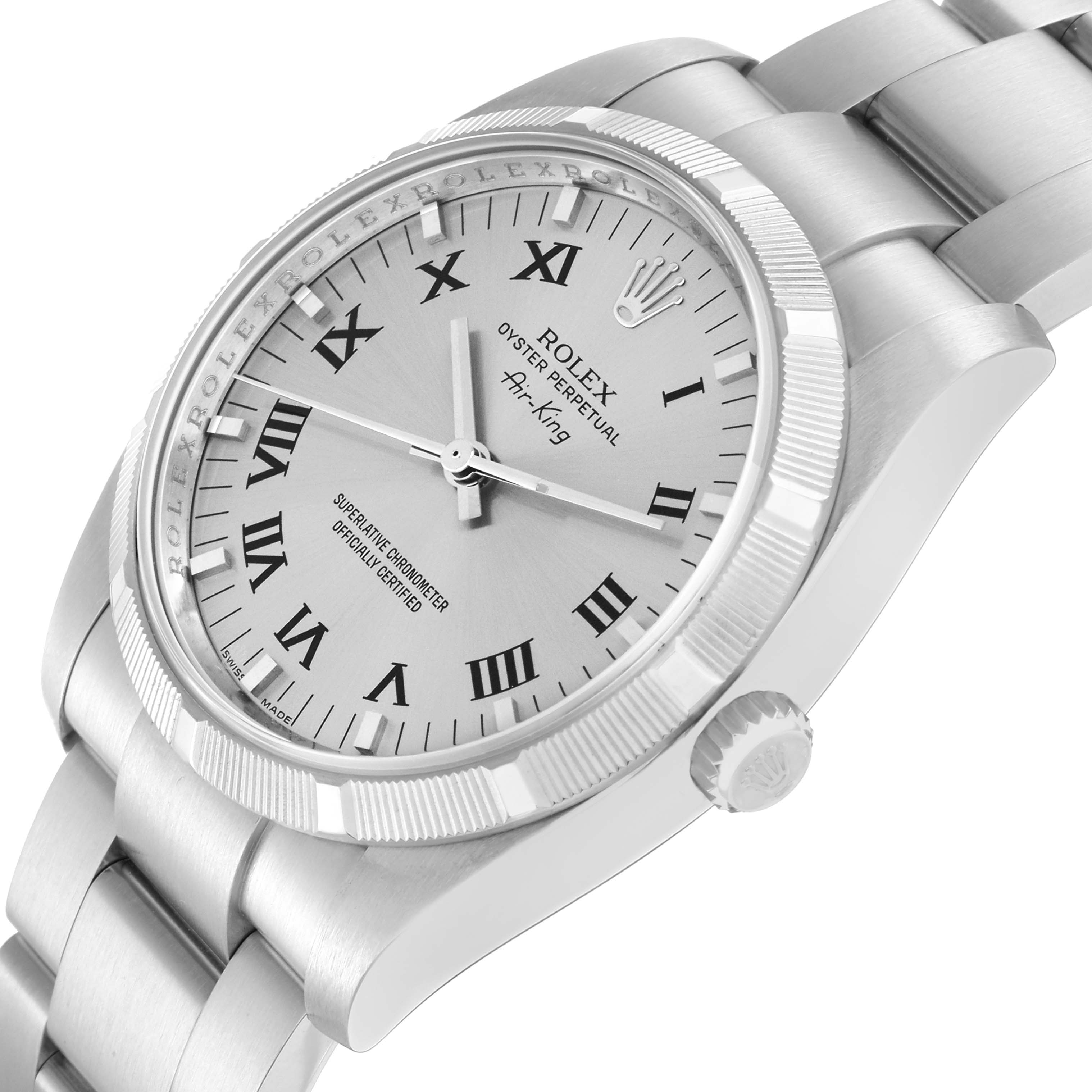 The image shows a Rolex Air-King model 114210 men
s watch at an angled side view, highlighting the silver dial, fluted bezel, and part of the Oyster bracelet.