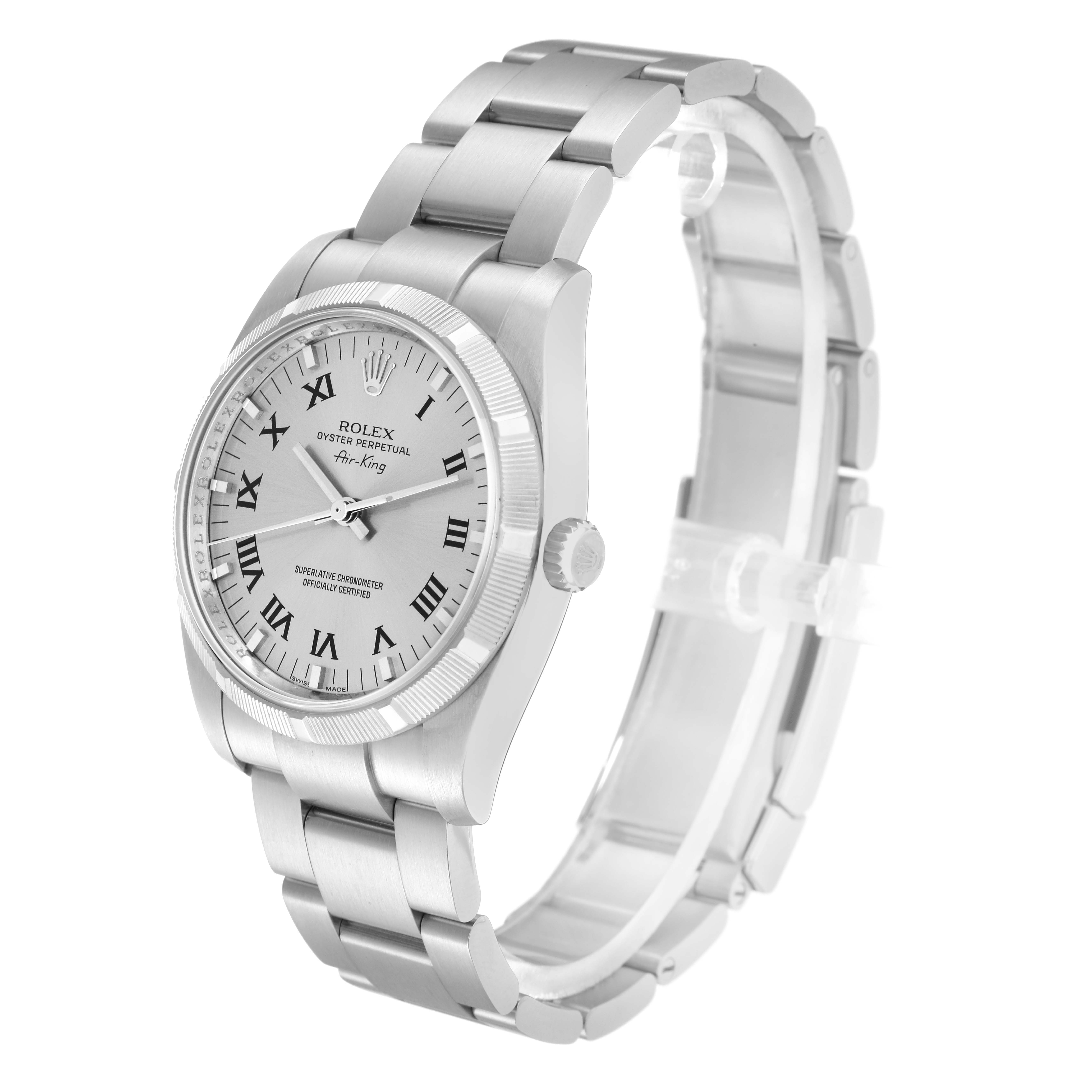 The Rolex Air-King model 114210 men
s watch is shown at a three-quarter angle, highlighting the face, bezel, crown, and part of the bracelet.