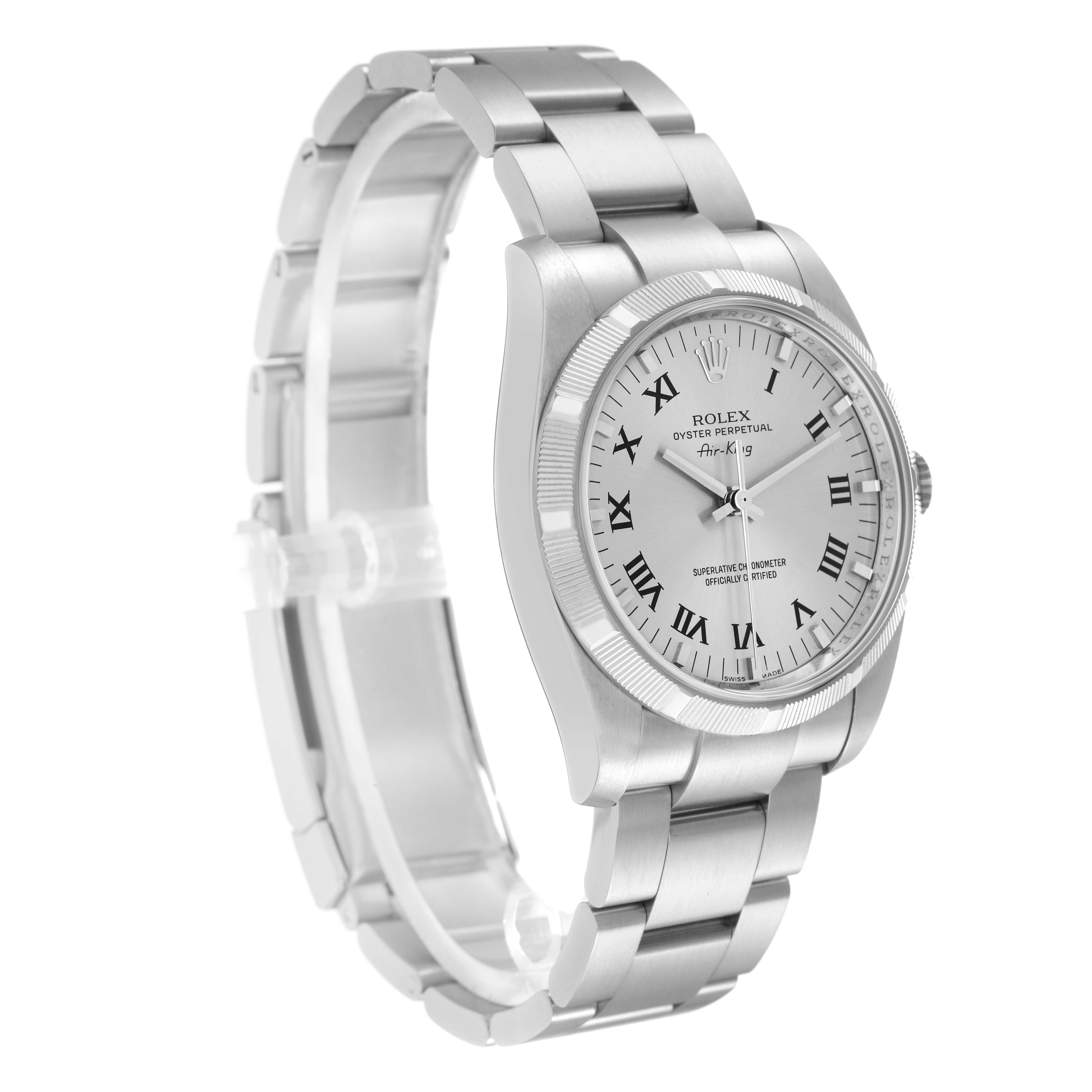 The Rolex Air-King model 114210 is shown from a three-quarter angle, highlighting the watch face, bezel, and bracelet.