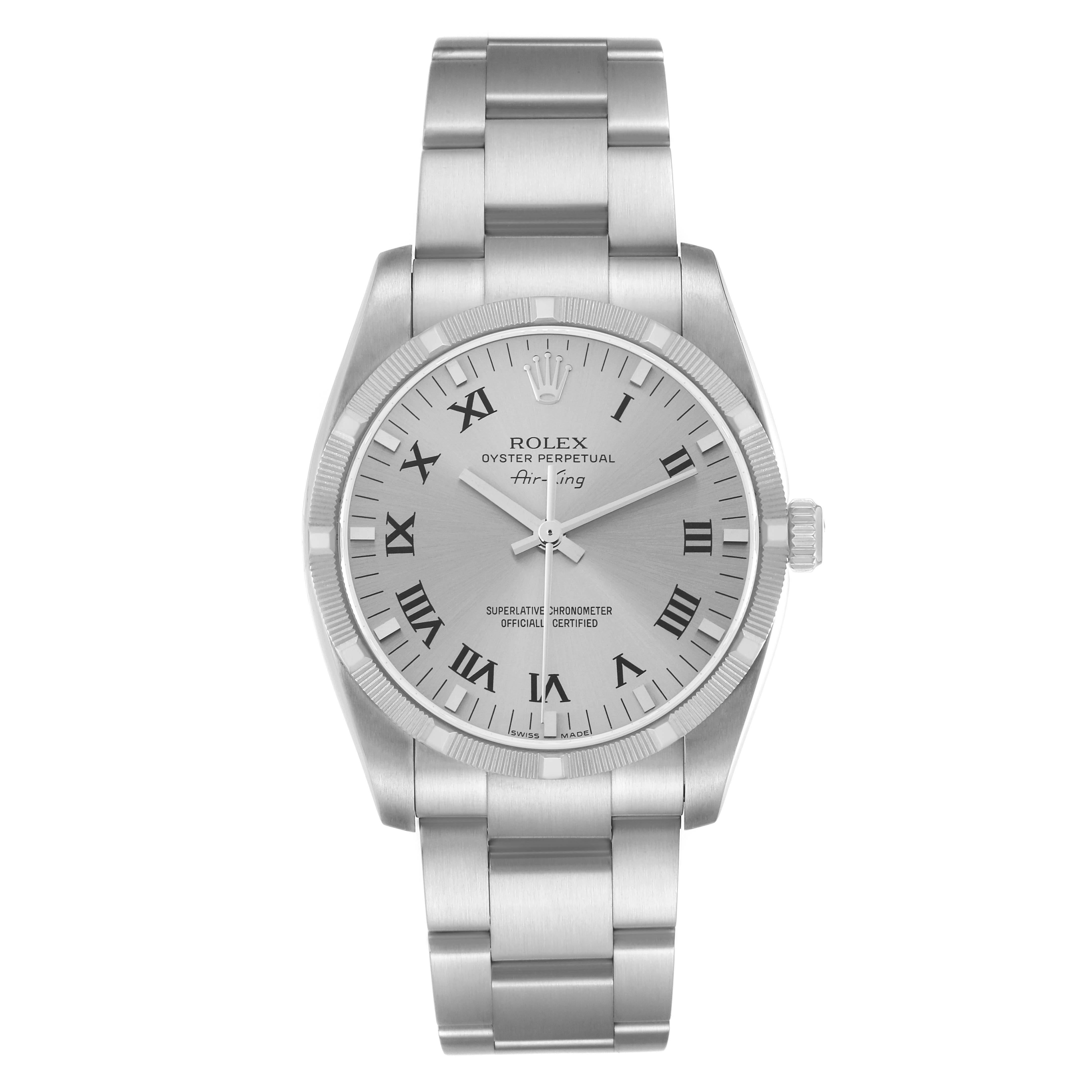 The Rolex Air-King model 114210 is shown from a top-down angle, displaying the dial, bezel, bracelet, and crown prominently.