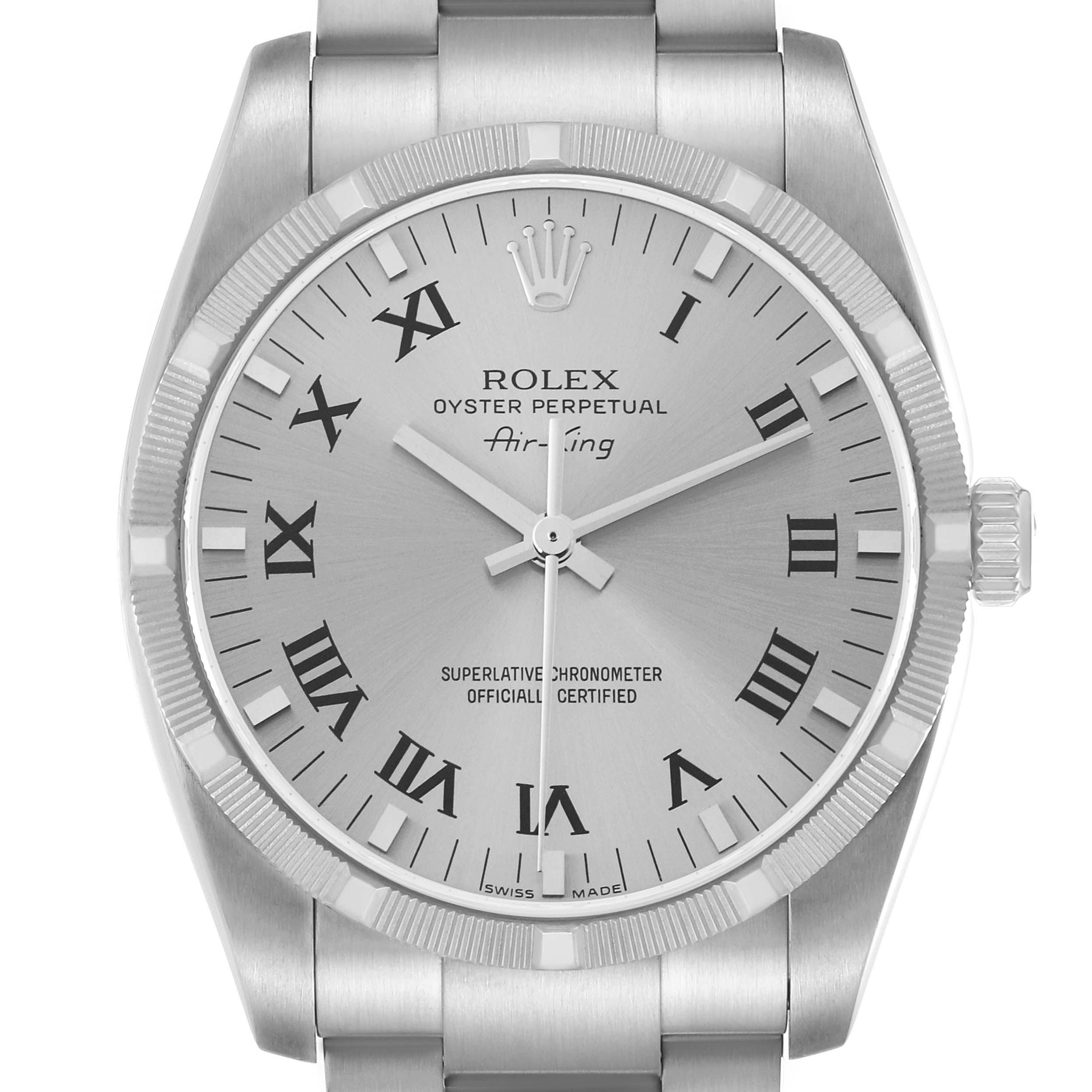 The Rolex Air-King model number 114210 is shown from a front view, highlighting its dial, bezel, and partial bracelet.
