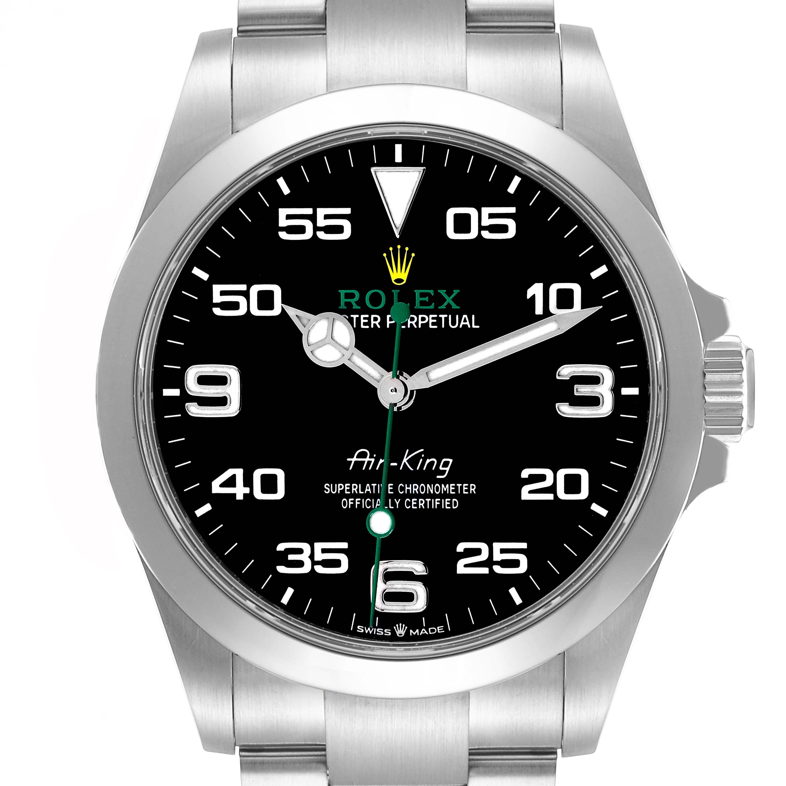 The Rolex Air-King, model 126900, is shown from the front, highlighting its black dial, numerals, hands, crown, and part of the stainless steel bracelet.