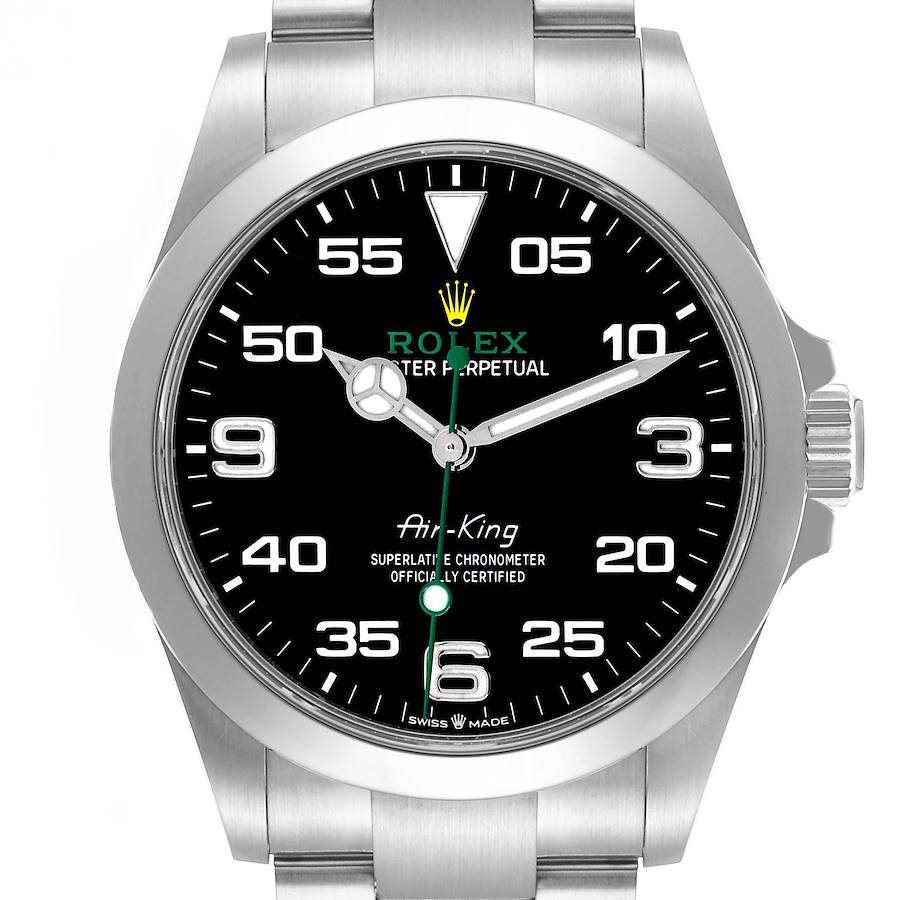 The Rolex Air-King, model 126900, is shown from the front, highlighting its black dial, numerals, hands, crown, and part of the stainless steel bracelet.