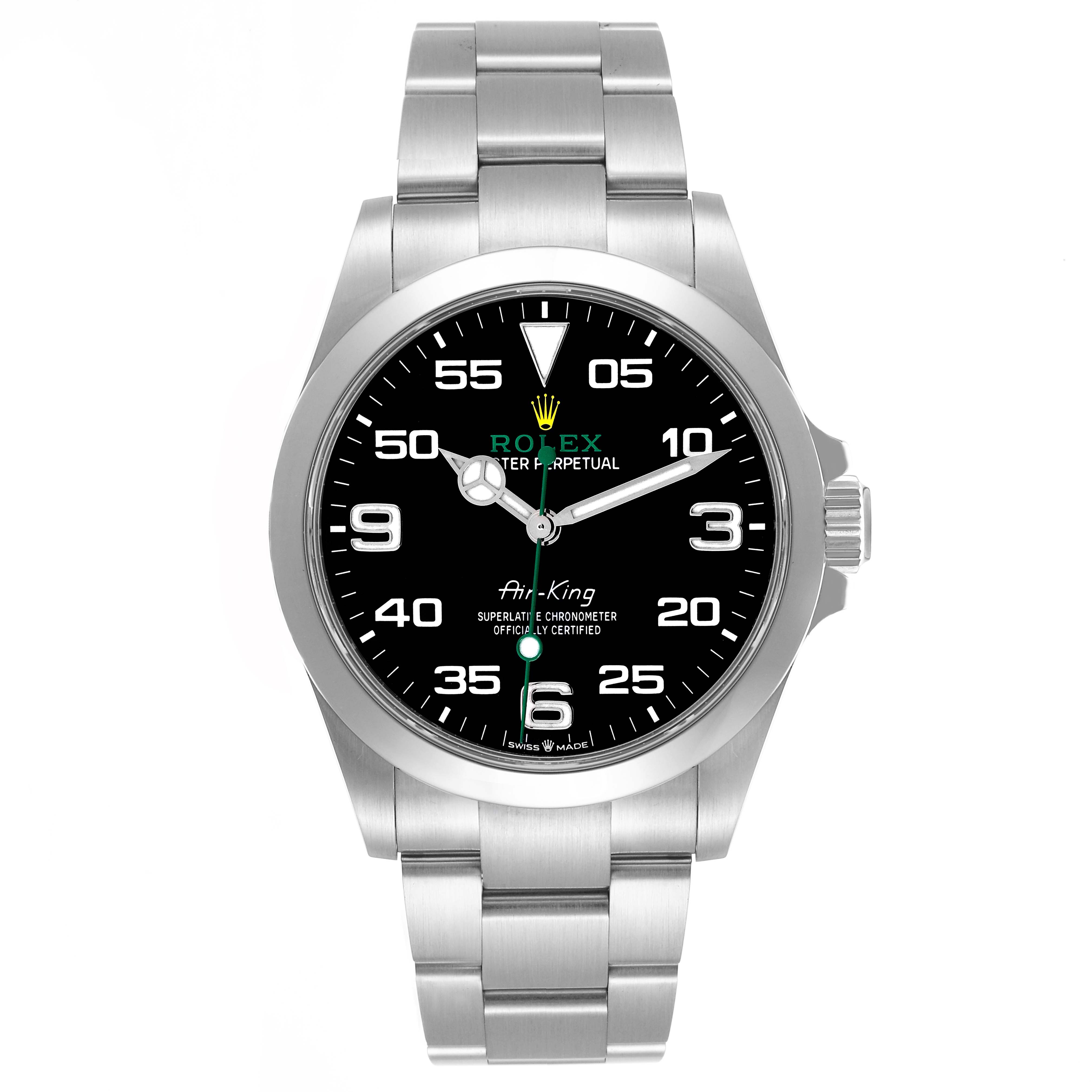 This image shows a frontal view of the Rolex Air-King model 126900, featuring the watch face, bezel, and bracelet.