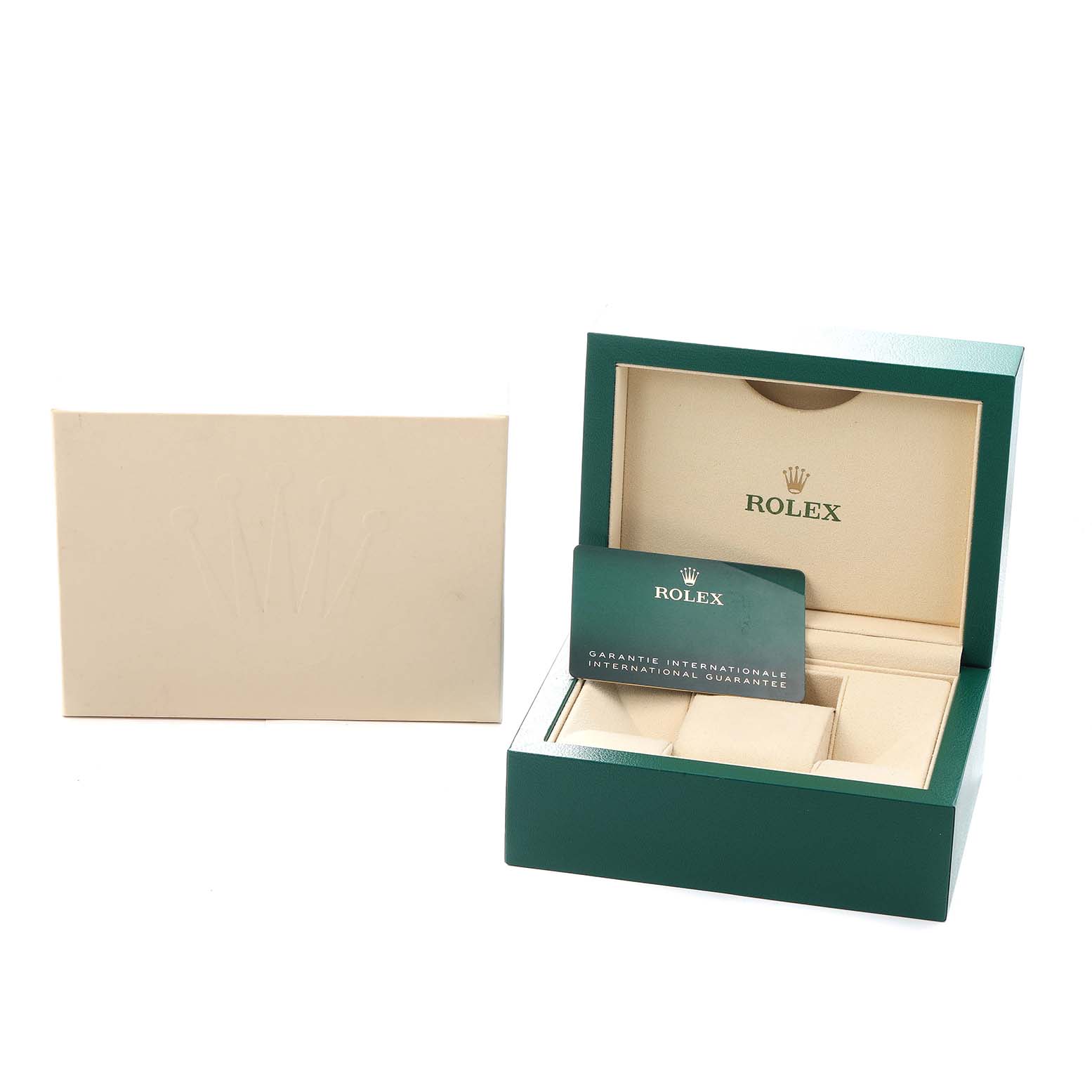 The image shows a Rolex Air-King model 126900 watch box, warranty card, and outer box, with the box lid open.