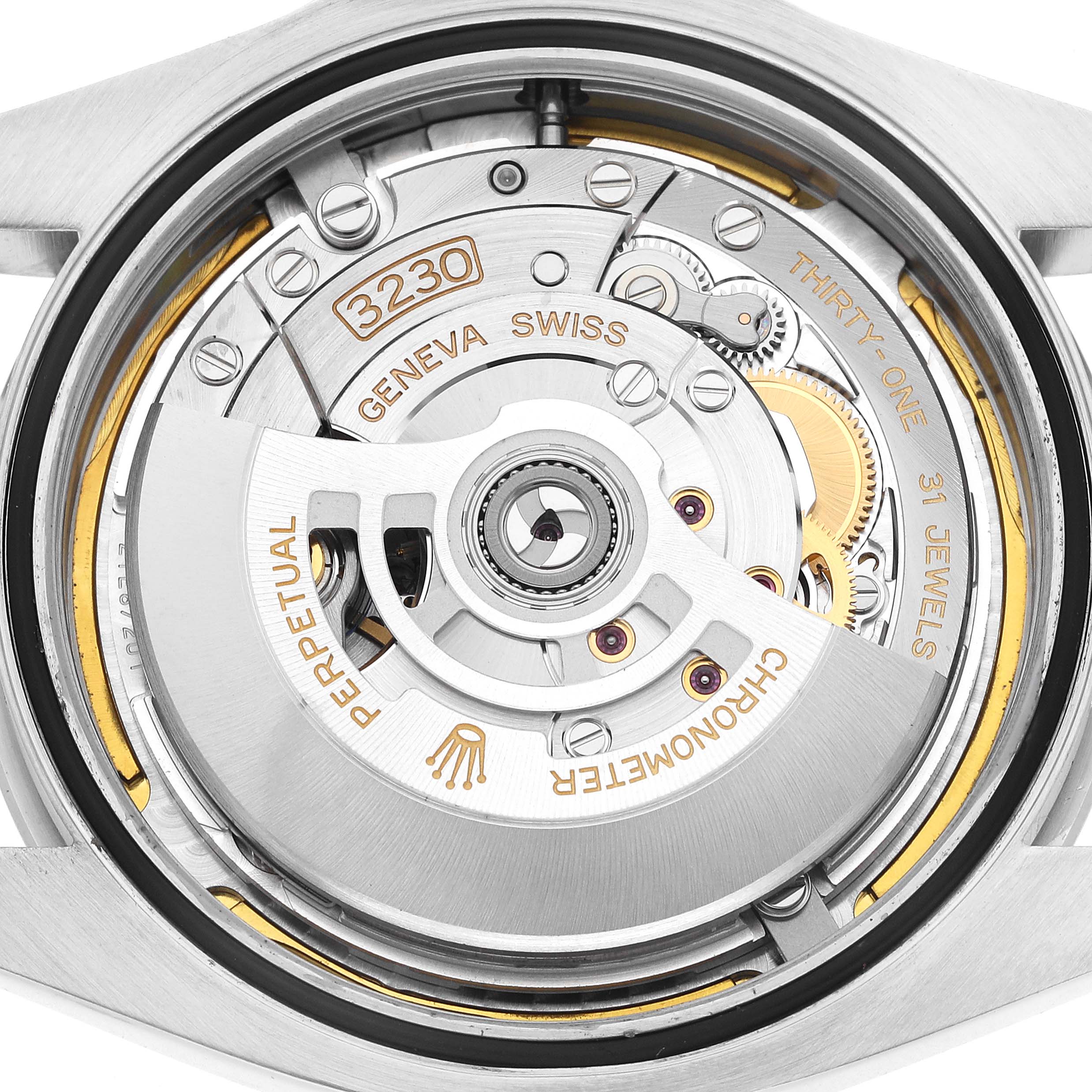 This image shows a close-up of the movement of a Rolex Air-King model 126900 men
s watch, highlighting its intricate internal mechanisms.