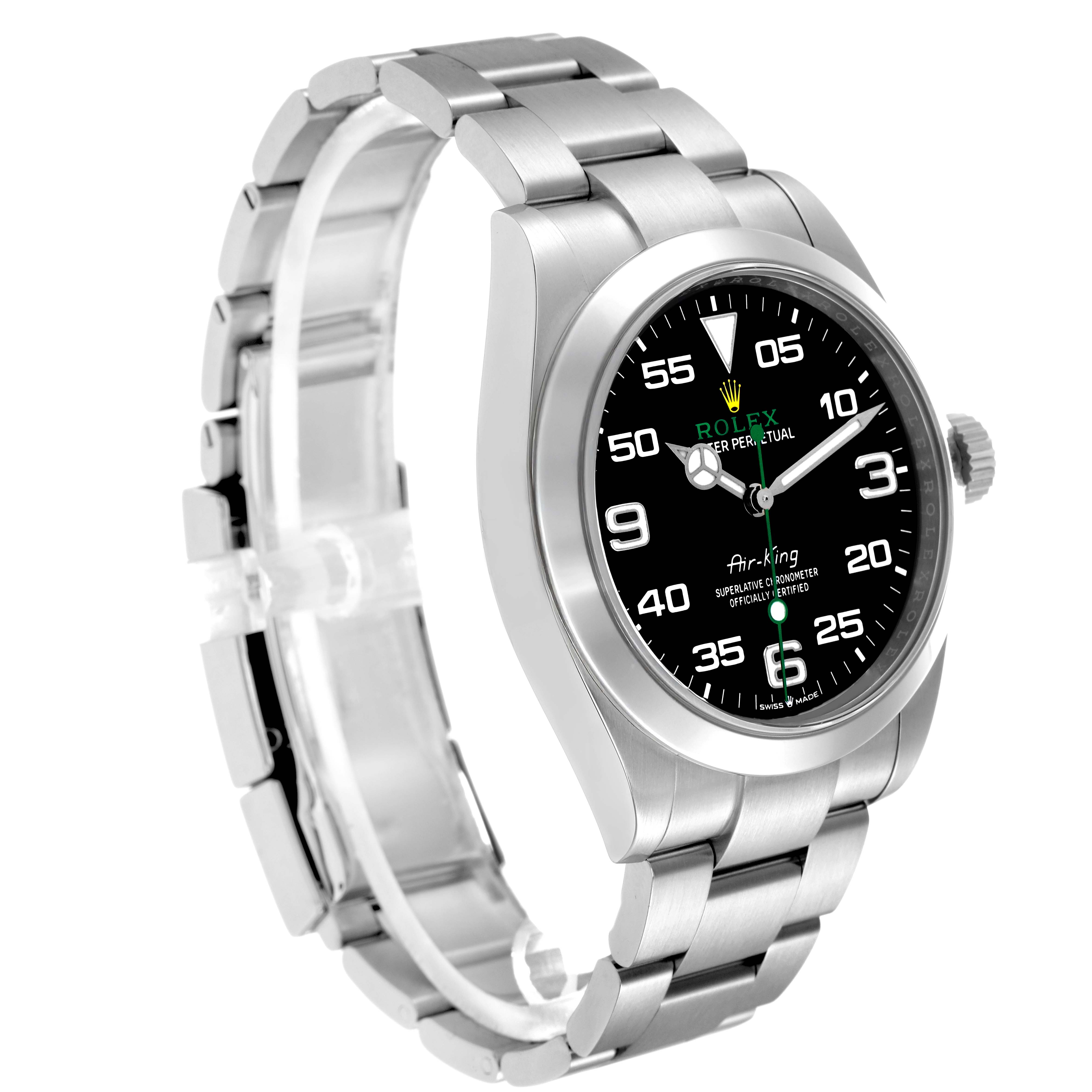 The Rolex Air-King model 126900 is shown at a slight angle, revealing the watch face, bezel, and metal bracelet.