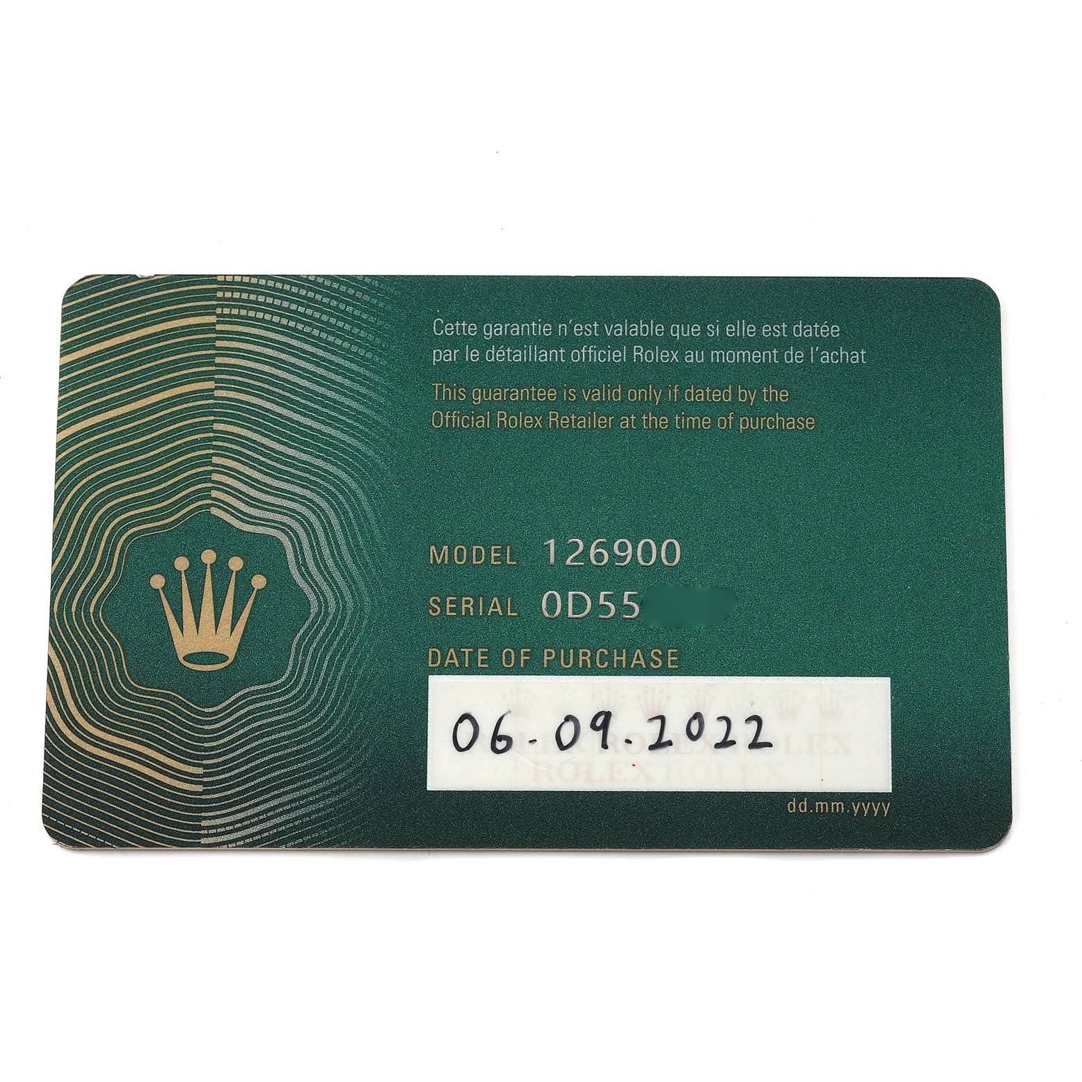 The image shows a warranty card for the Rolex Air-King, model number 126900, featuring model and serial numbers with a date of purchase.