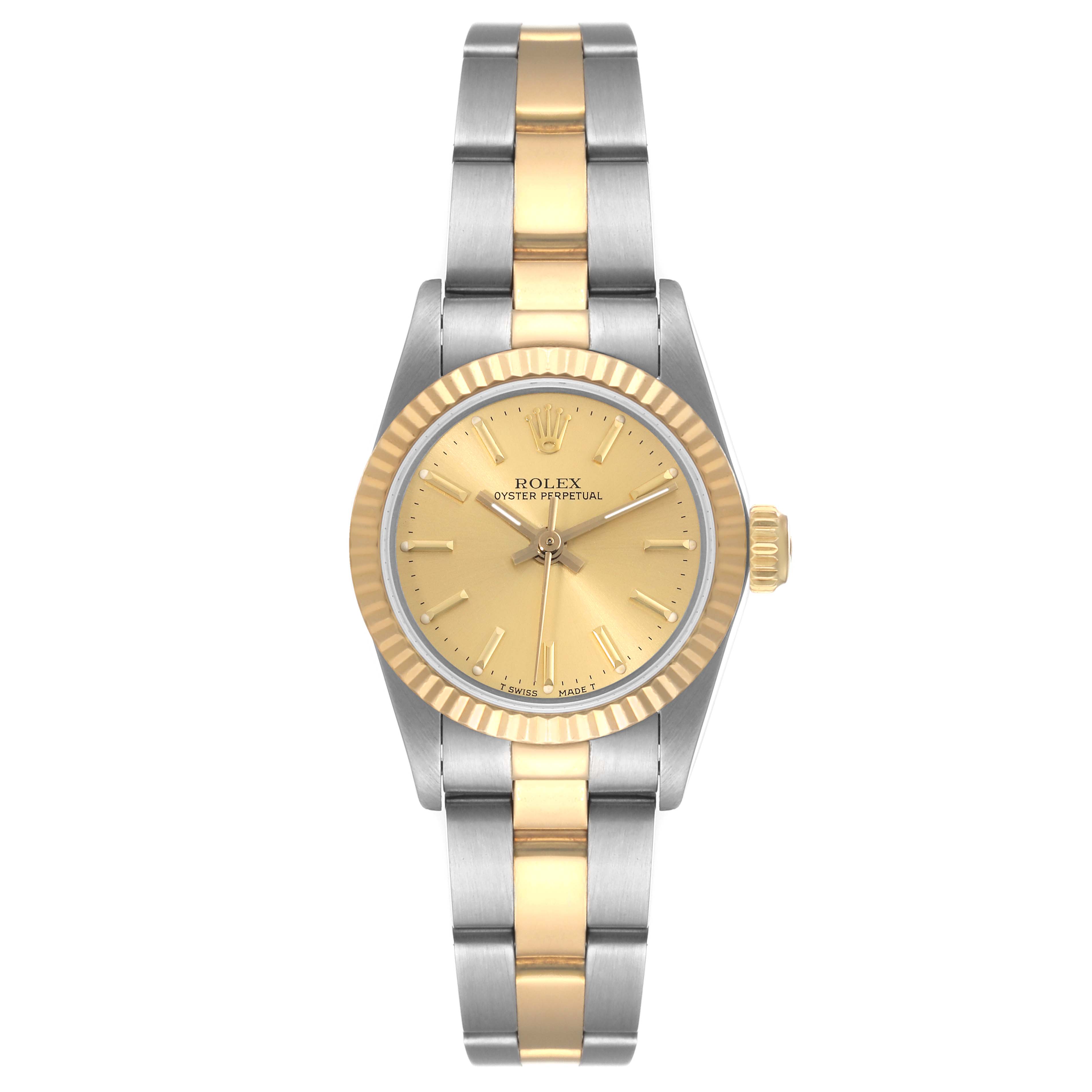 The Rolex Oyster Perpetual 67193 Women's Steel and Gold (two tone) Champagne Dial 67193 Women's Steel and Gold (two tone) Champagne Dial watch is shown from a top view, featuring its two-tone bracelet, gold bezel, and gold dial.